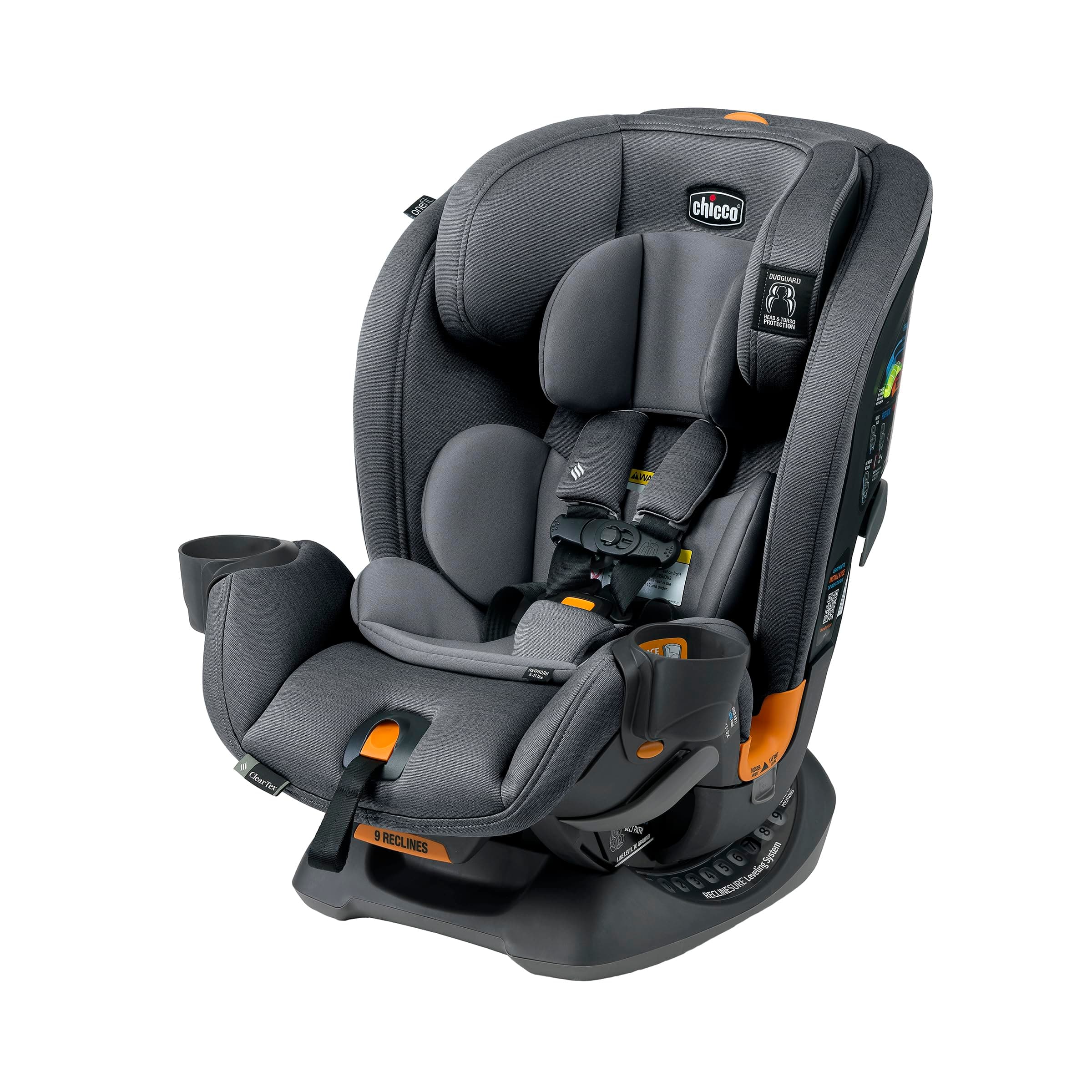 Chicco OneFit ClearTex All-in-One Car Seat, Slim Design, Rear-Facing Seat for Infants 5-40 lbs., Forward-Facing Car Seat 25-65 lbs., Booster 40-100 lbs., Convertible Car Seat | Slate/Grey