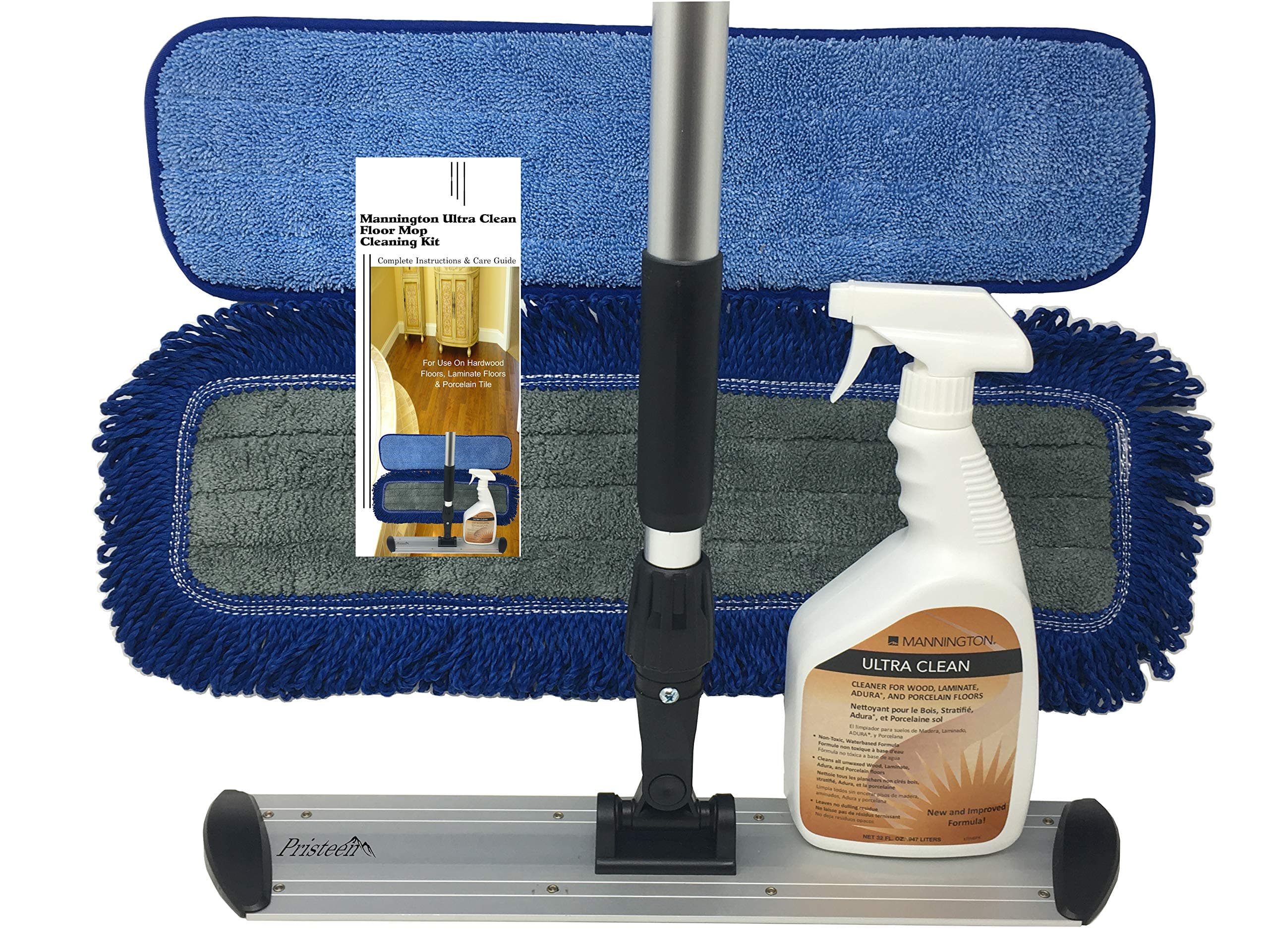 Complete Hardwood & Laminate Flooring Cleaning System - 18" Pristeen Flat Mop with 72” Telescopic Mop Handle - 32oz Ultra Clean Spray Bottle