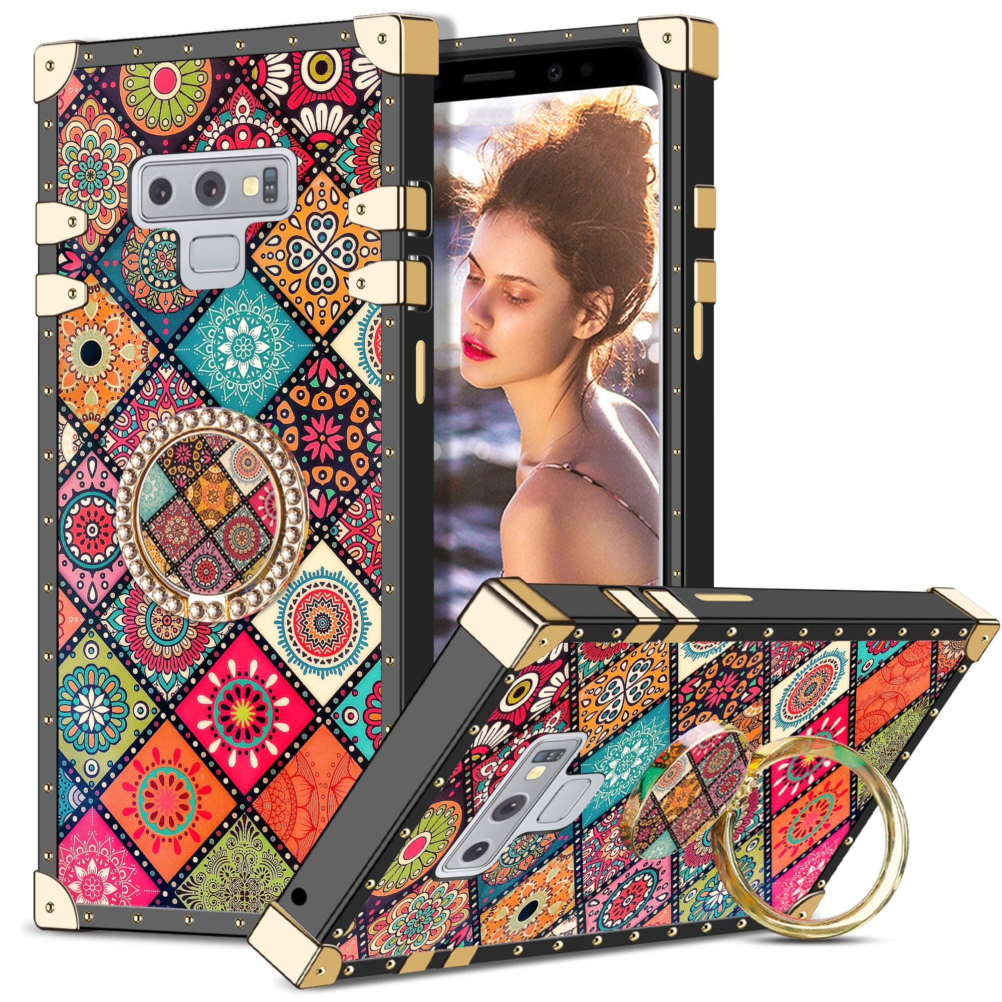Coolden for Samsung Note 9 Case with Ring Kickstand Shockproof Square Case for Women Girls Metal Decoration Corner Soft TPU Protective Case Phone Case Cover for Samsung Galaxy Note 9 (Sun Flower)