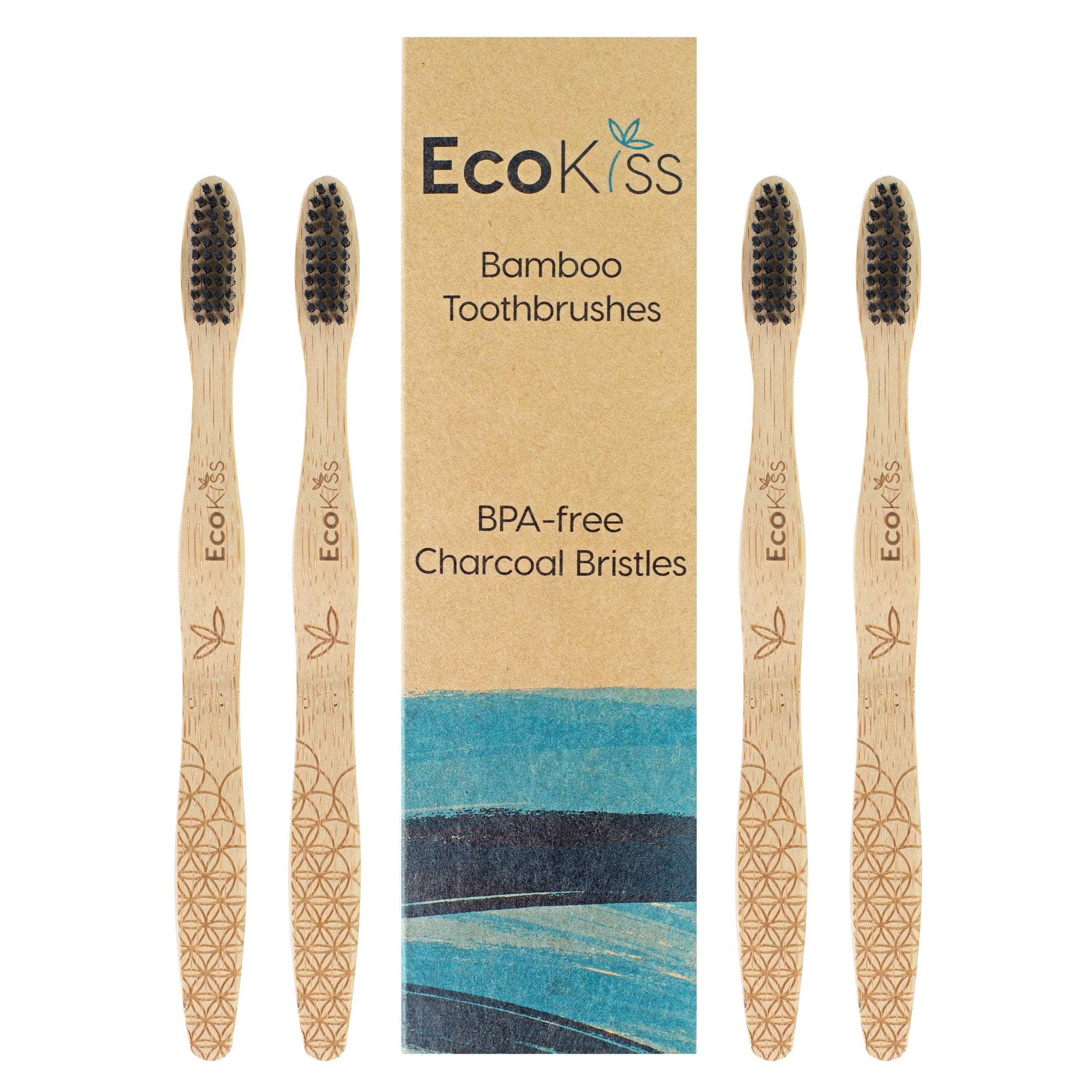 Soft Bristle Bamboo Toothbrush (4 Pack) - Zero Plastic Biodegradable Bamboo Handle by EcoKiss - Eco Friendly - for Adults and Kids - Vegan Handle - Recyclable Packaging
