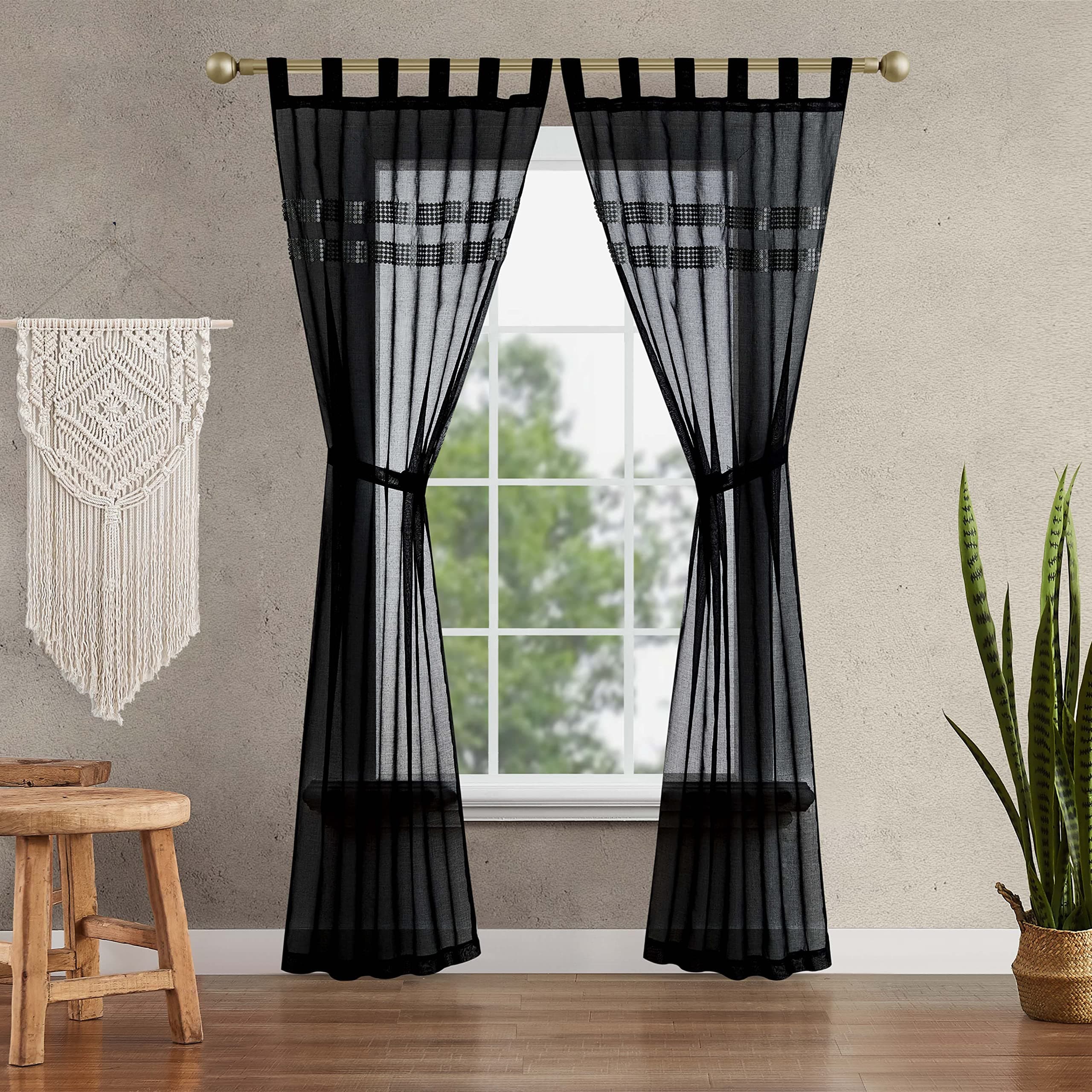 Jessica Simpson - Milly Bling Sheer Curtain | Window Panel Curtains | Lightweight Drapes | Set of 2 Panels with 2 Tiebacks | Sheer | Tab Top Header | Measures 38" x 84" | Black