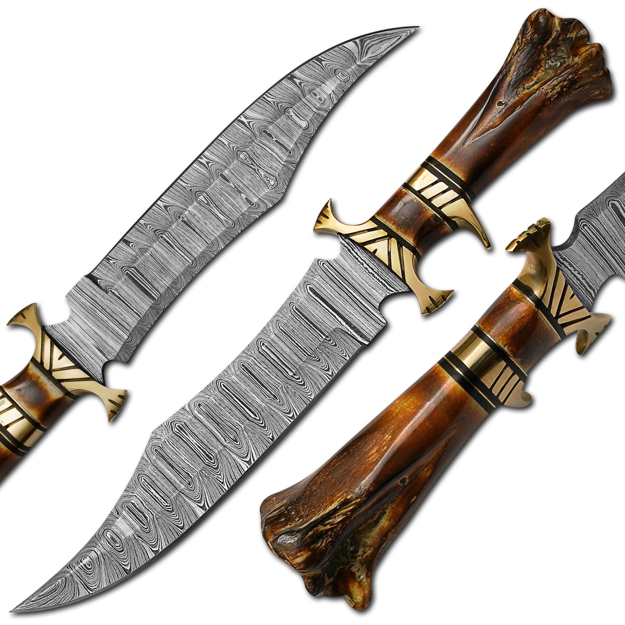 Damascus Steel Hunting Knife - Fixed Blade Knives with Sheath - Firm Grip Handle Made of Camel Bone (BNT Bone)