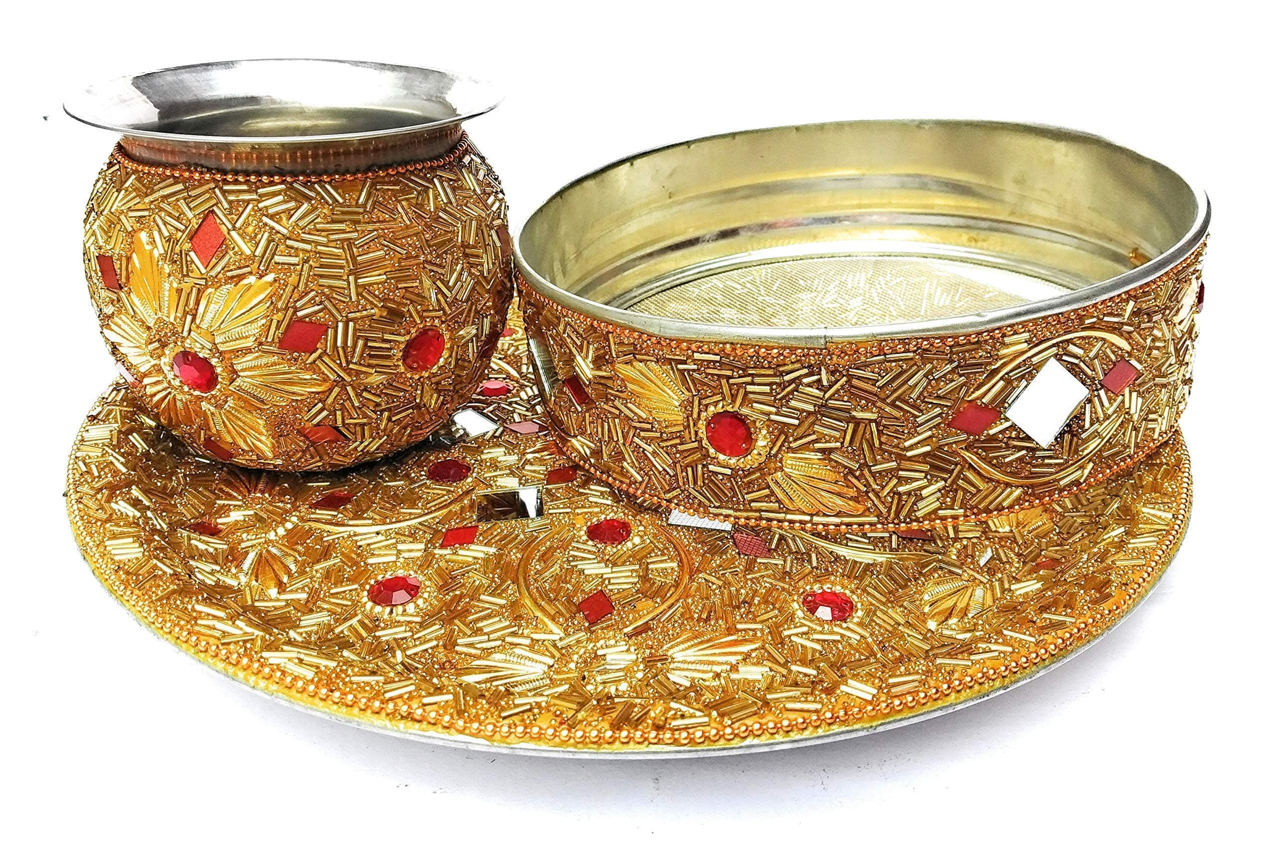 IS HANDICRAFT Golden Metal Karwa Chauth Pooja Thali Channi Lota Set