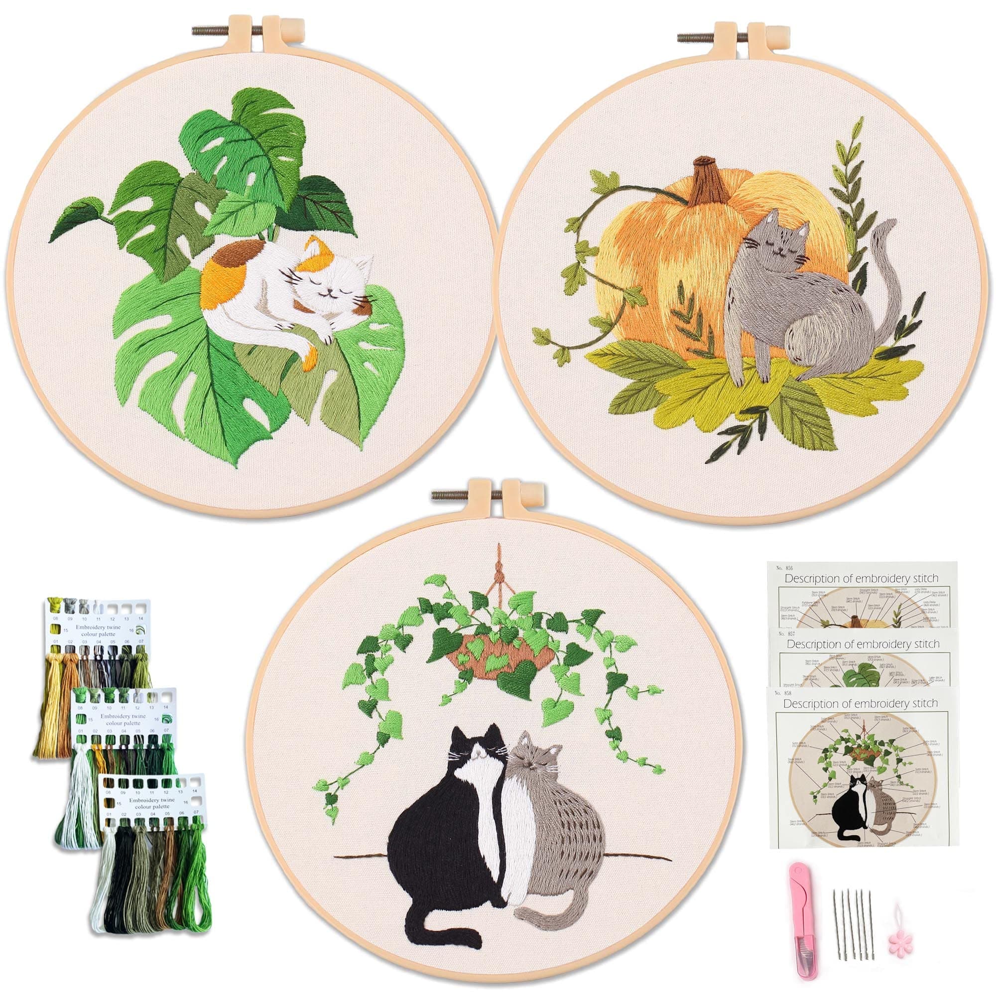 Myfelicity cat Embroidery kit, Adult Embroidery kit, Set of 3 Patterns, with 3 Sets of Threads, Needles and Instruction Manual