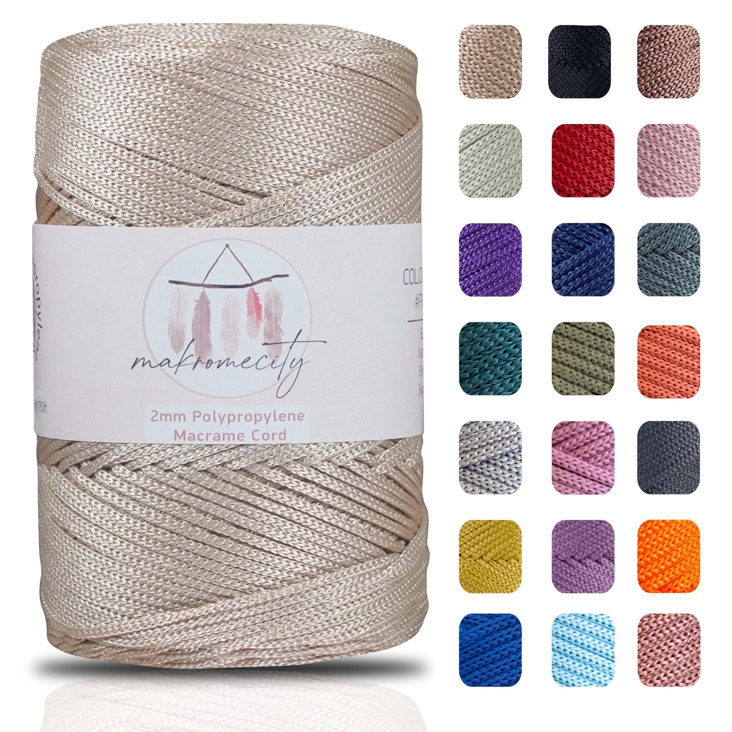 Makromecity, Polyester Macrame Cord 2mm x 250 yards (750 feet) 2mm Polypropylene Latte Macrame Cord Crochet Macrame Bag Cord Crafts for Wall Hangings, Bags, Underplate, Rug