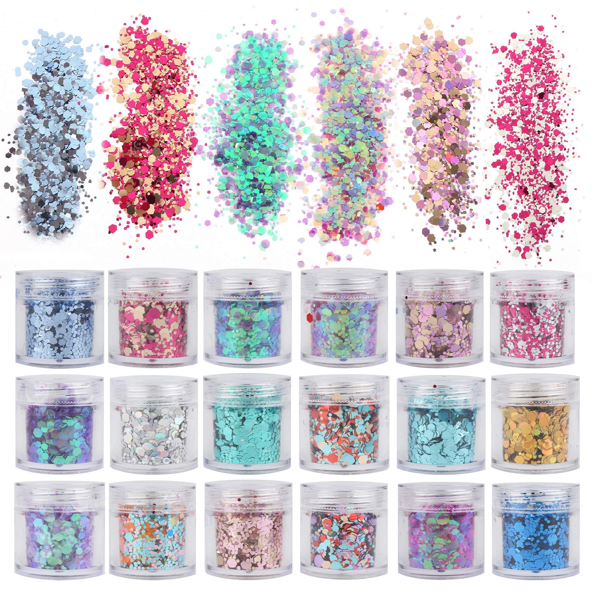 18 Boxes Holographic Cosmetic Festival Chunky Glitters Sequins, Nail Sequins Iridescent Flakes, Cosmetic Paillette Ultra-Thin Tips, for Body Face Hair Make Up Nail Art Mixed Color Glitter