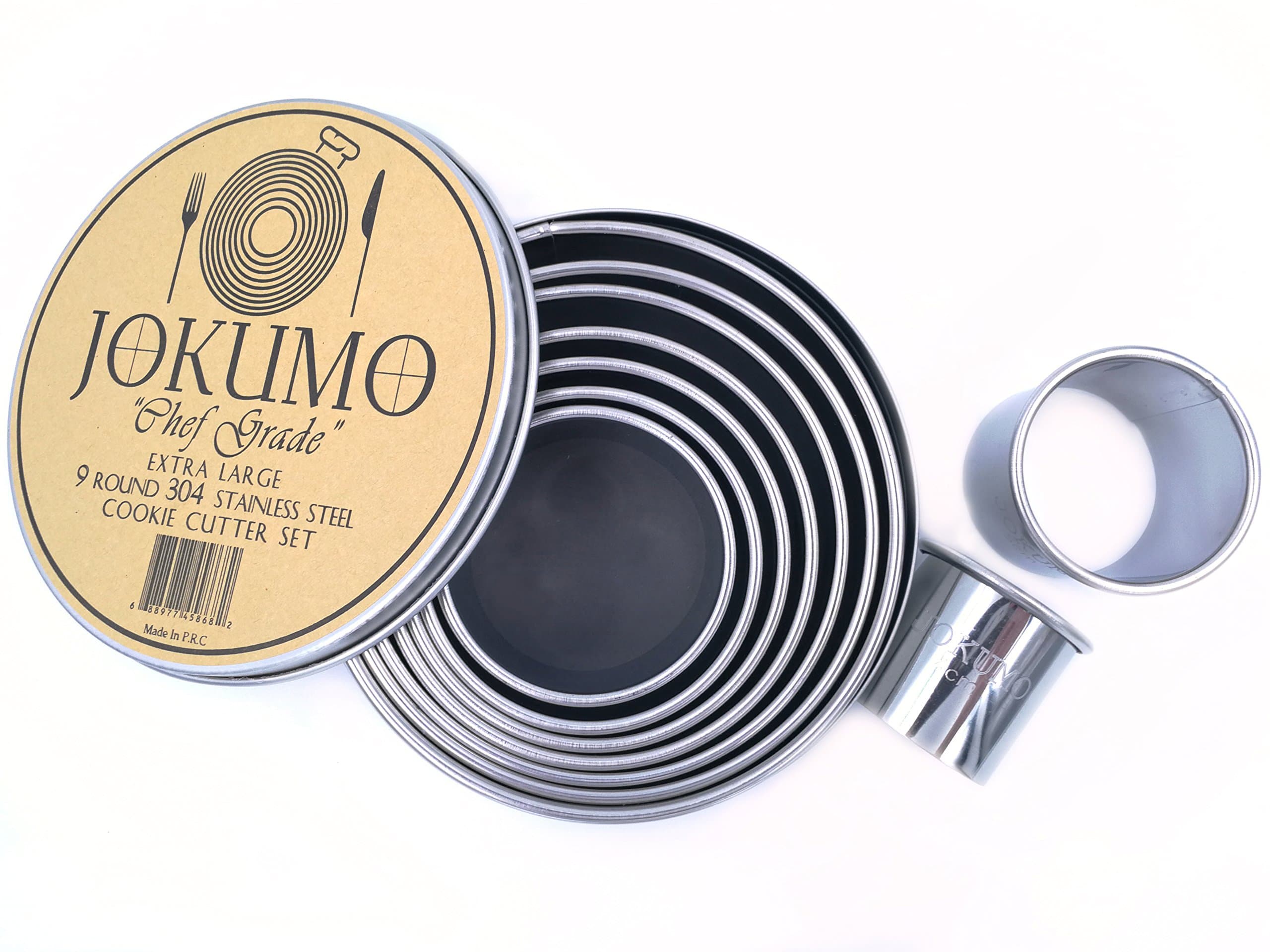 9 Piece Extra Large Chef Grade Plain Round Pastry / Cookie Cutter Set - Extra Thick Premium 18/8 304 Stainless Steel - Marked Size for Professional Chefs and Ambitious Home Cooks