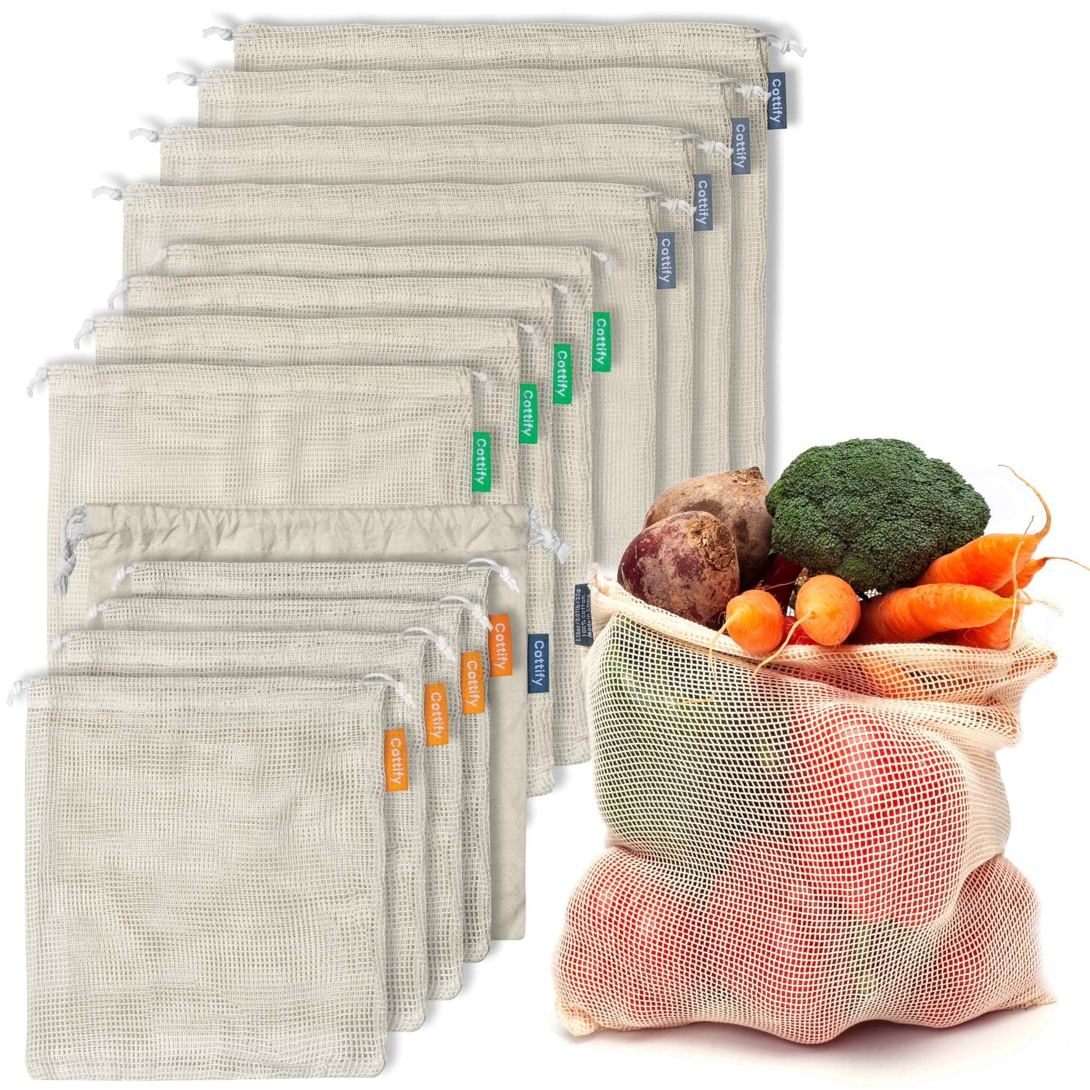 12+1 Reusable Organic Cotton Produce Bags - Value pack of 12 Mesh & 1 Muslin | Eco Friendly | Double-Stitched & Tare Weigh | Fruits & Vegetable | Washable | LIGHTWEIGHT | Color coded size (4S, 4M, 4L)