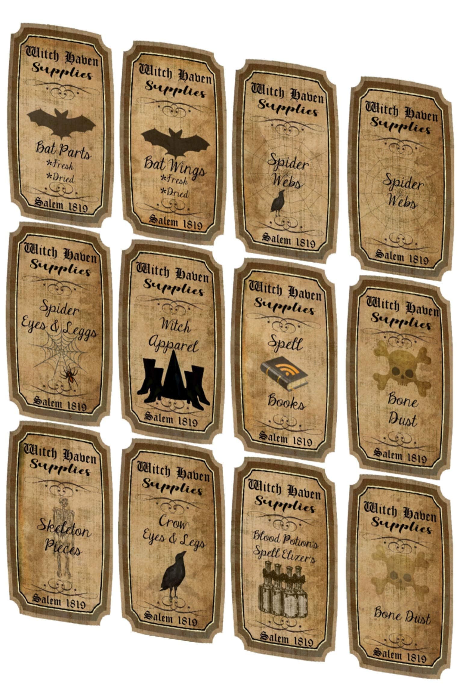 Halloween witchcraft potion spells 12 laminated bottle labels set 2