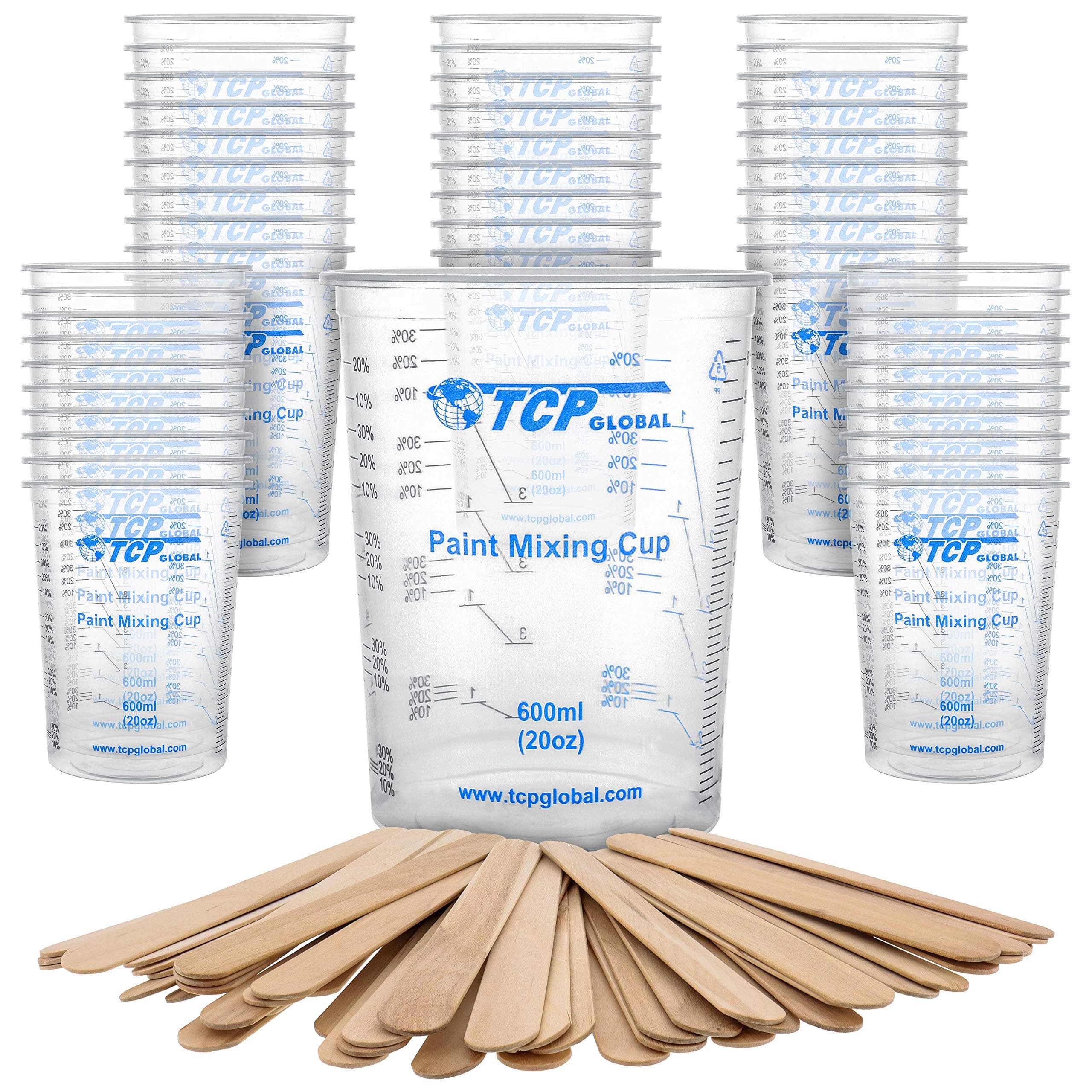 20 oz. (600ml) Graduated Plastic Mixing Cups - Box of 50 with 50 Mixing Sticks - Disposable Plastic Measuring Cups for Liquids, Paints, Resin, Epoxy, Art, Kitchen - Ratios 2-1, 3-1, 4-1 ML