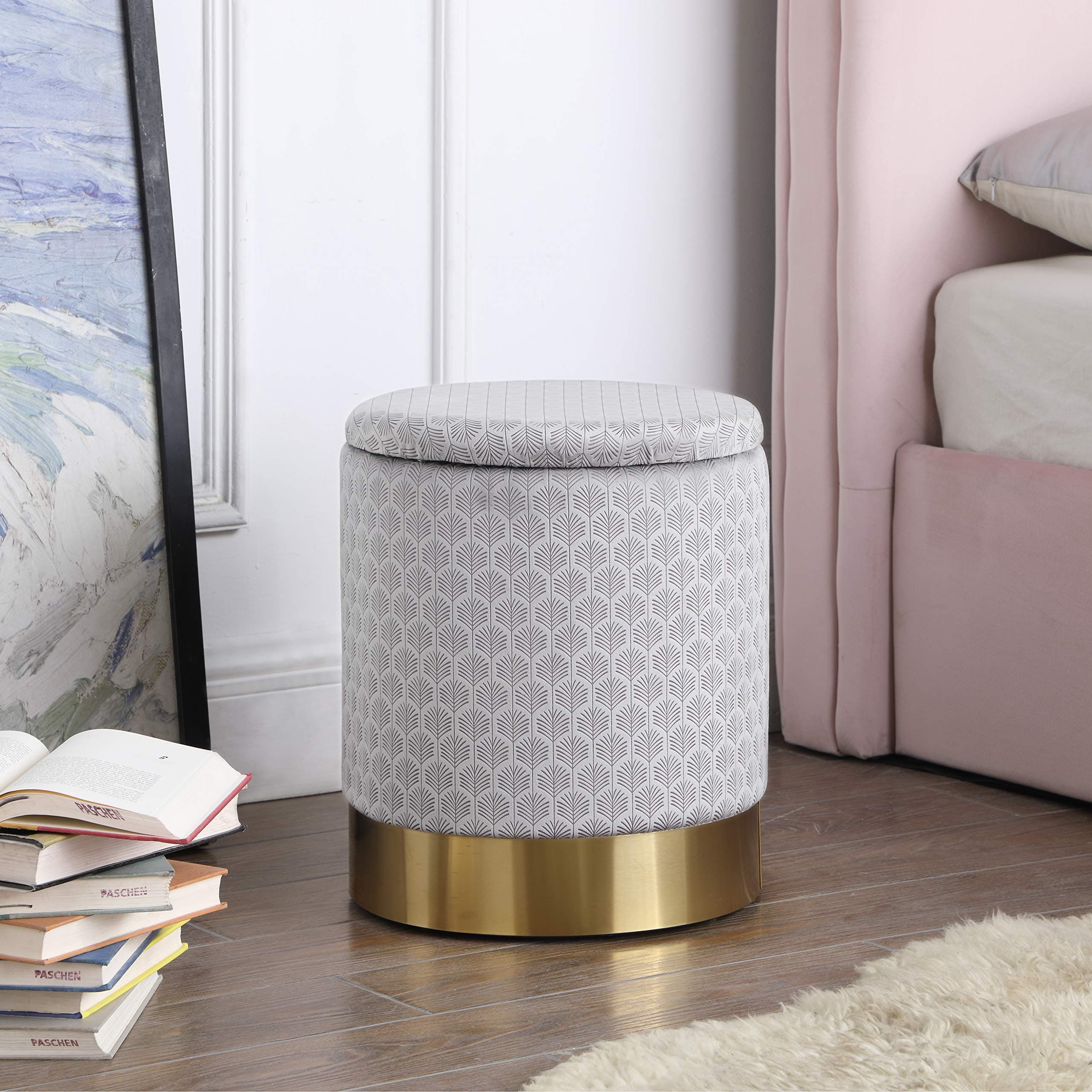 Salbay Velvet Pouffe Modern 34 cm Tall On-Trend Storage Footstool on Gold Metal Trim Brass Base Multifunctional Footrest Ottoman Stool Seat (Grey)