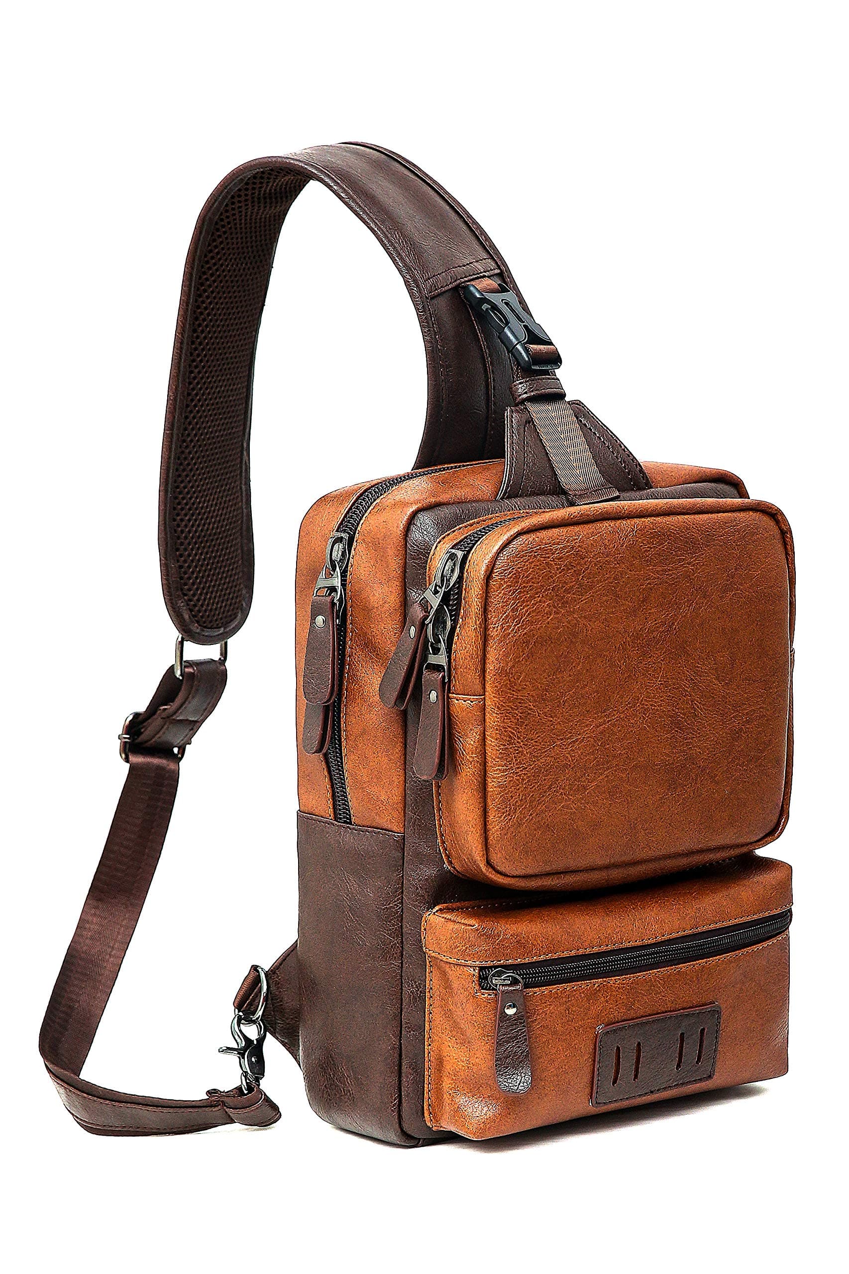 Sling Backpack,Leather Sling Bag Chest Crossbody Bag Fit 9.7Inch Ipad, Shoulder Business Backpack For Men (brown and yellow)