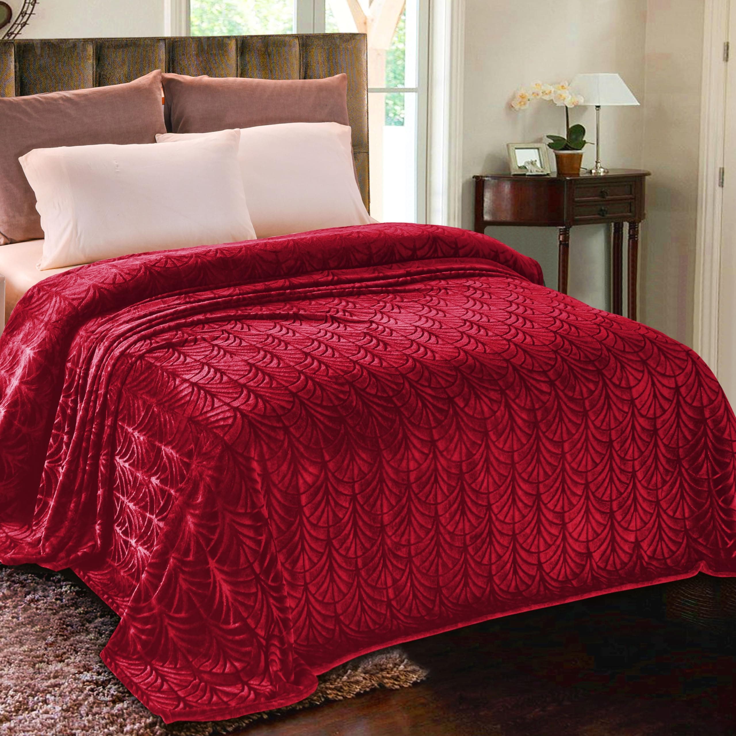 Whale Flotilla Flannel Fleece King Size Blanket for Bed, Soft Fluffy Velvet Bedspread Coverlet with Decorative Vintage Pattern for All Season, Warm and Lightweight, 90x104 Inch, Red