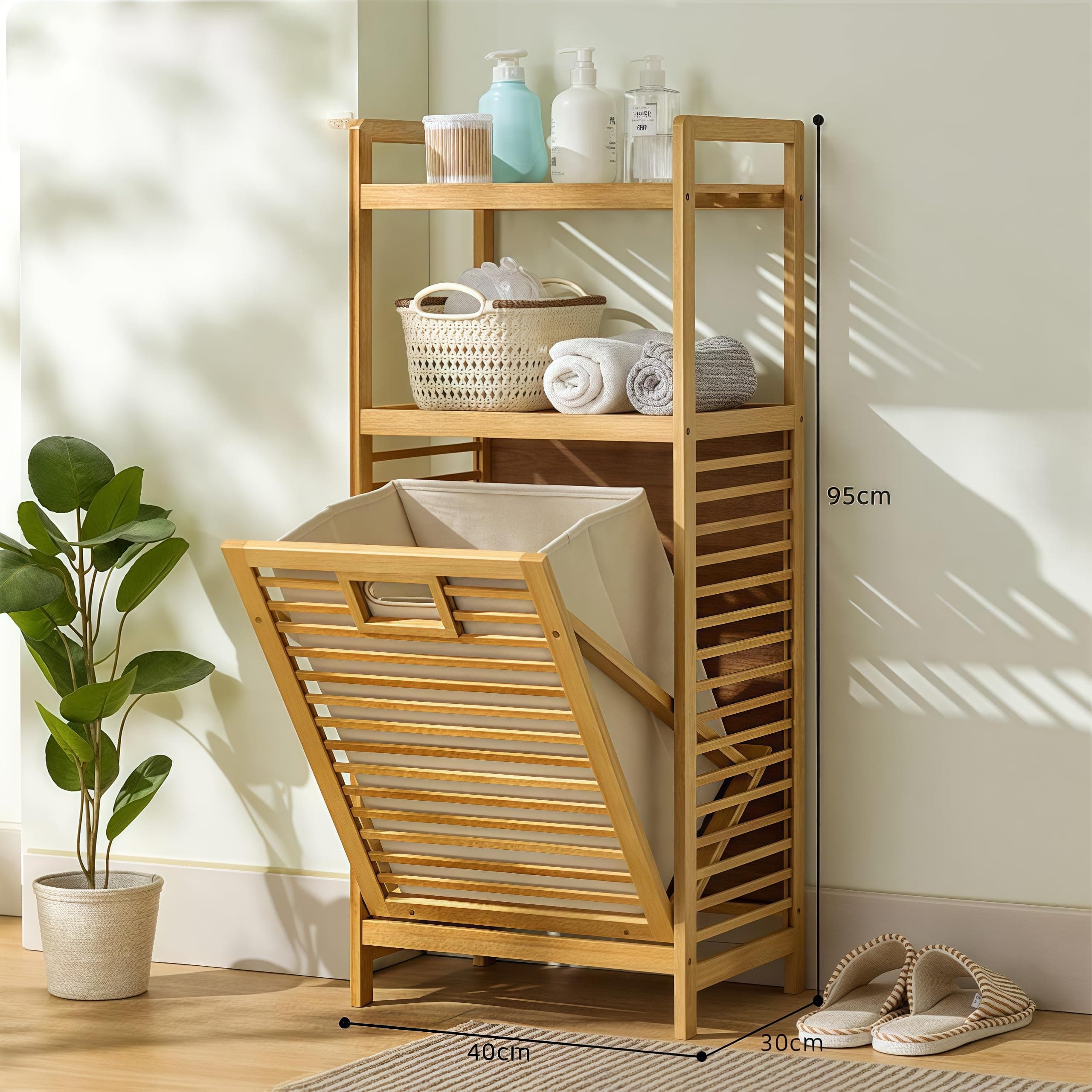 JOMILA Bamboo Laundry Hamper Basket with Lid Bag Storage Dirty Clothes Tilt Out Baskets Section with Handles 2/3-Tier Shelves Organizer Hampers for Bedroom Bathroom Living Room (Style C)