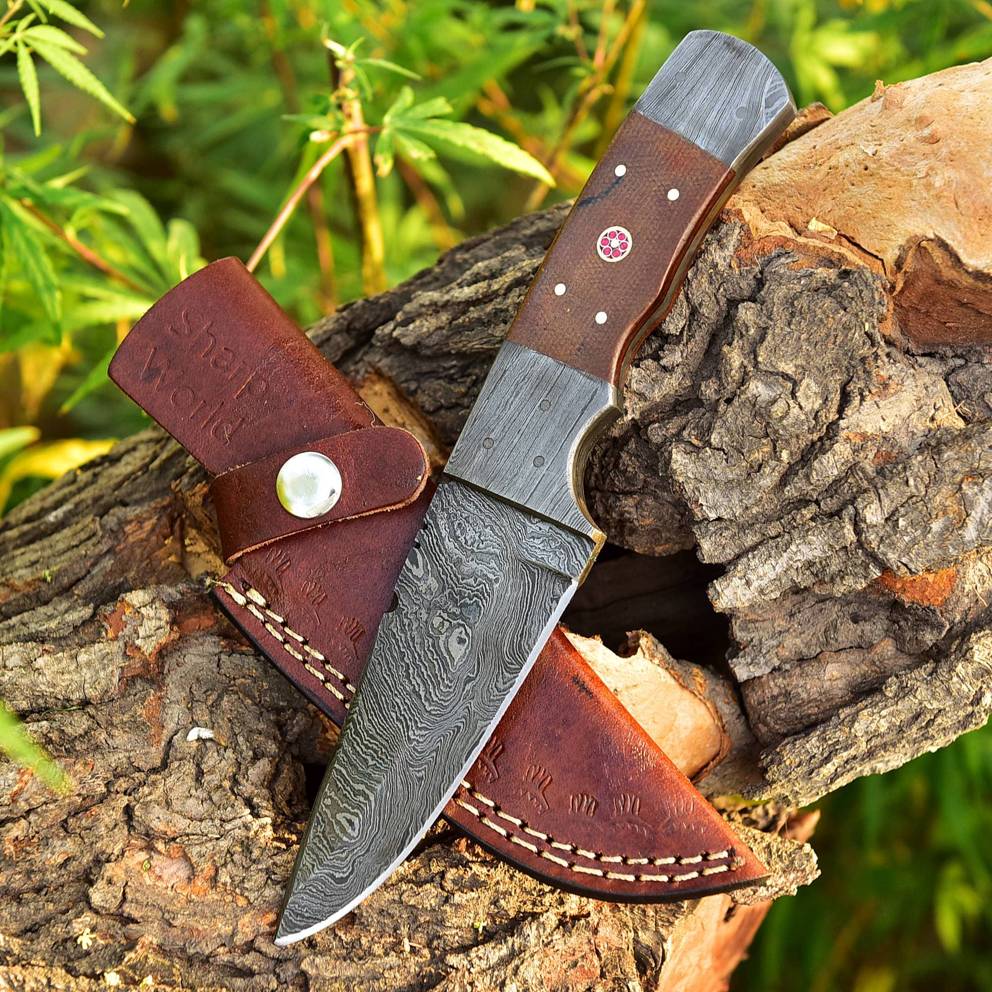 10 Inches Beautiful Damascus Knife Made Of Full Tang Damascus Steel Wood Handle/w Brown Leather Sheath TJ112