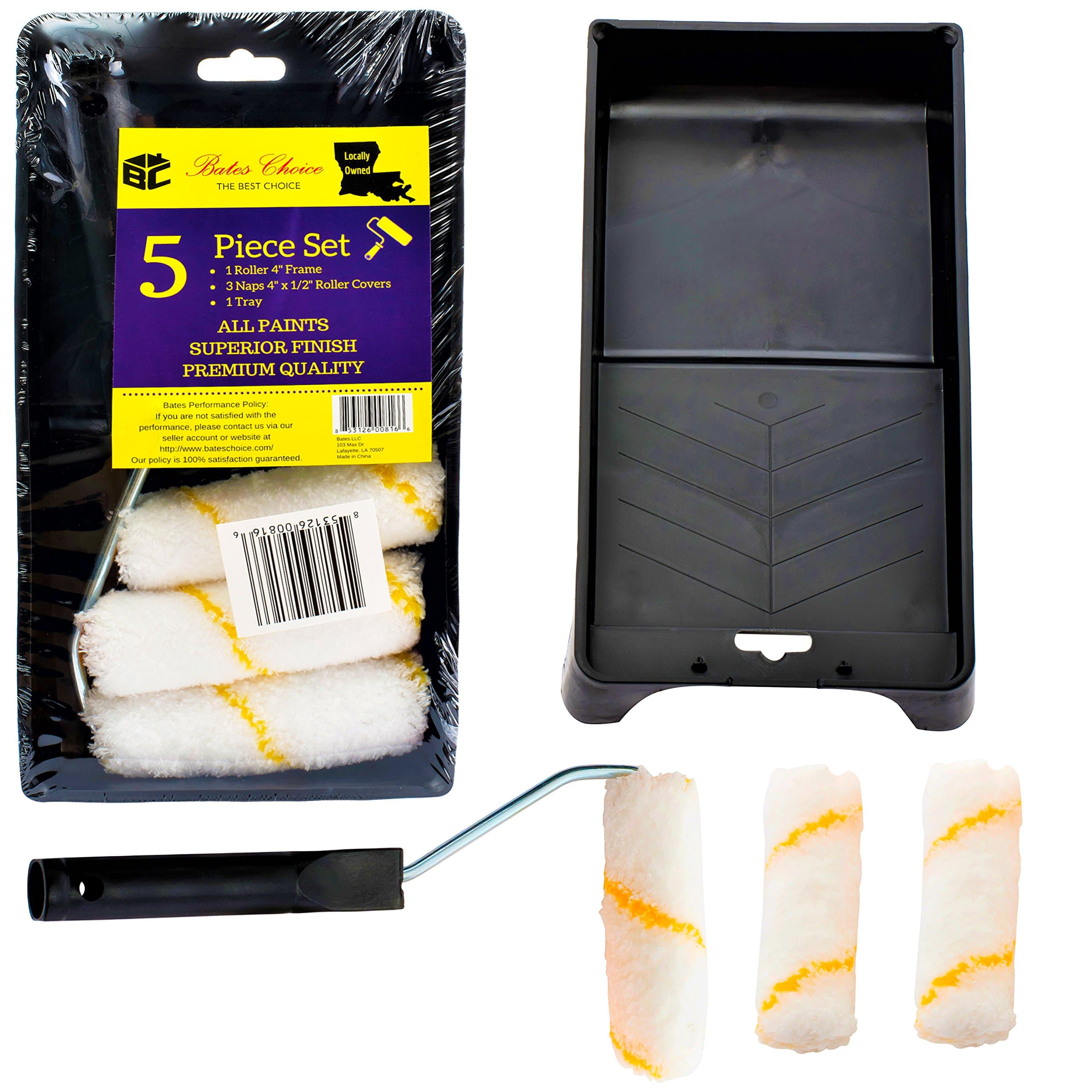 Bates- Paint Tray Set, 4 inch Paint Roller, Paint Tray, Foam Roller, Roller Brush, Small/Mini 4", House Painting Supplies, Paint Roller Covers, Roller Frame, Roller Naps