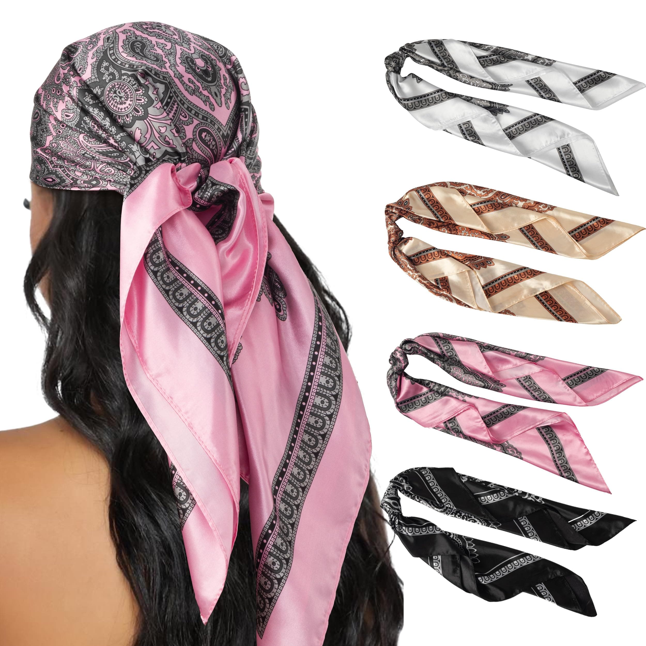 HBselect4PCS Head Scarf for Women 35” Head Scarves Silk Like Satin Neck Scarfs Square Bandana Hair Wraps Scarf for Sleeping