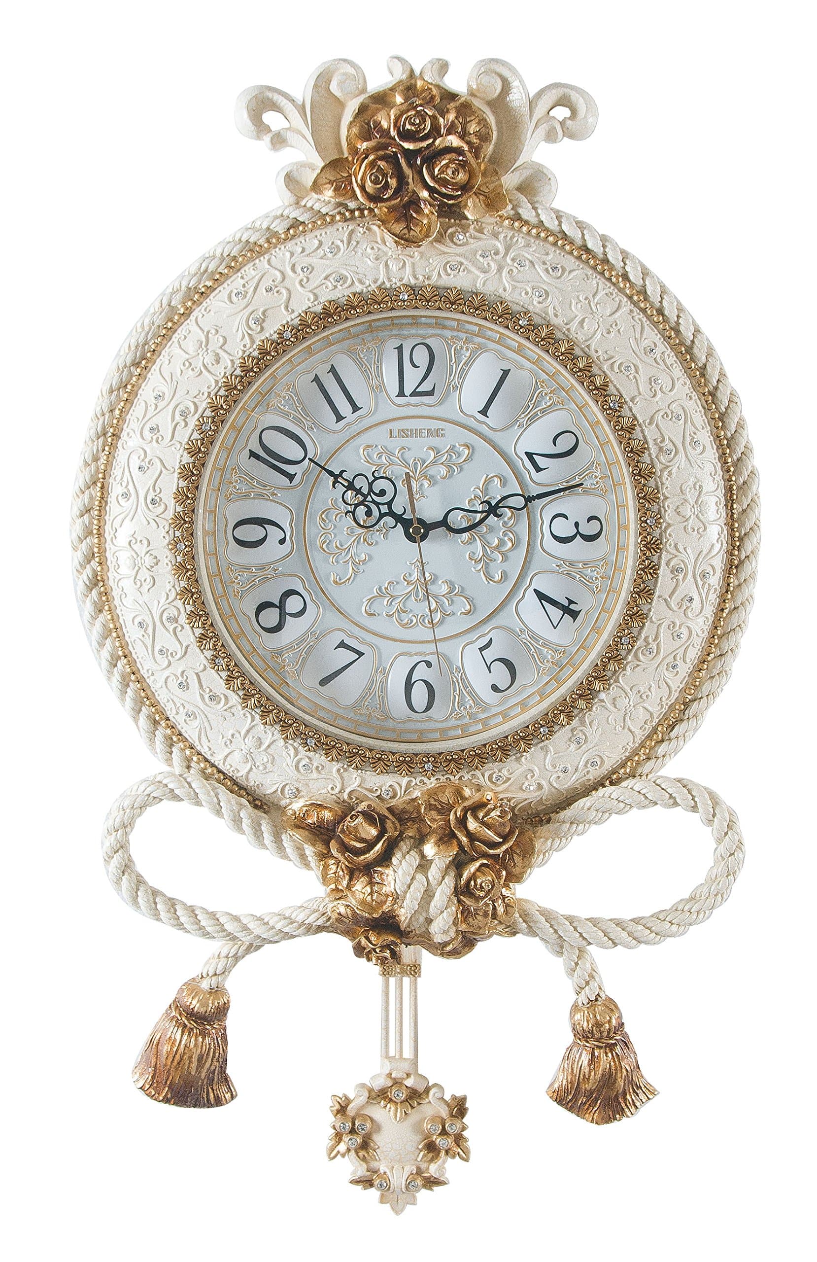 Lisheng Luxury Cream and Gold Hand Painted Pendulum Wall Clock with Tassel Design 40 x 9.5 x 69. For Dining Room, Living Room, Lounge, Hallway and Kitchen.