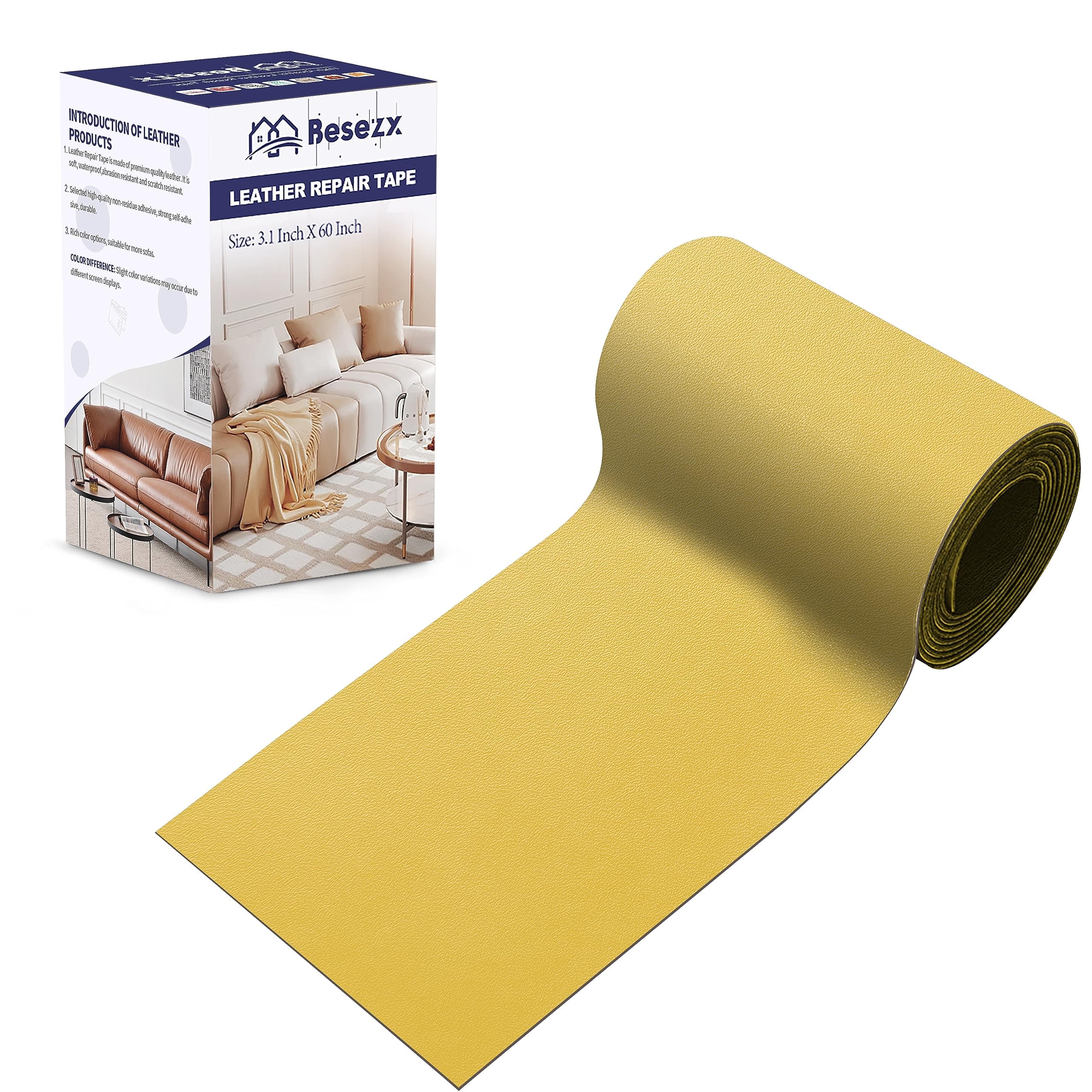 Leather Repair Patch Tape Kit, Self Adhesive Leather Repair for Furniture, Couch, Sofa, Car Seats,Office Chair,Vinyl Repair Kit.3.1inx60in,Yellow