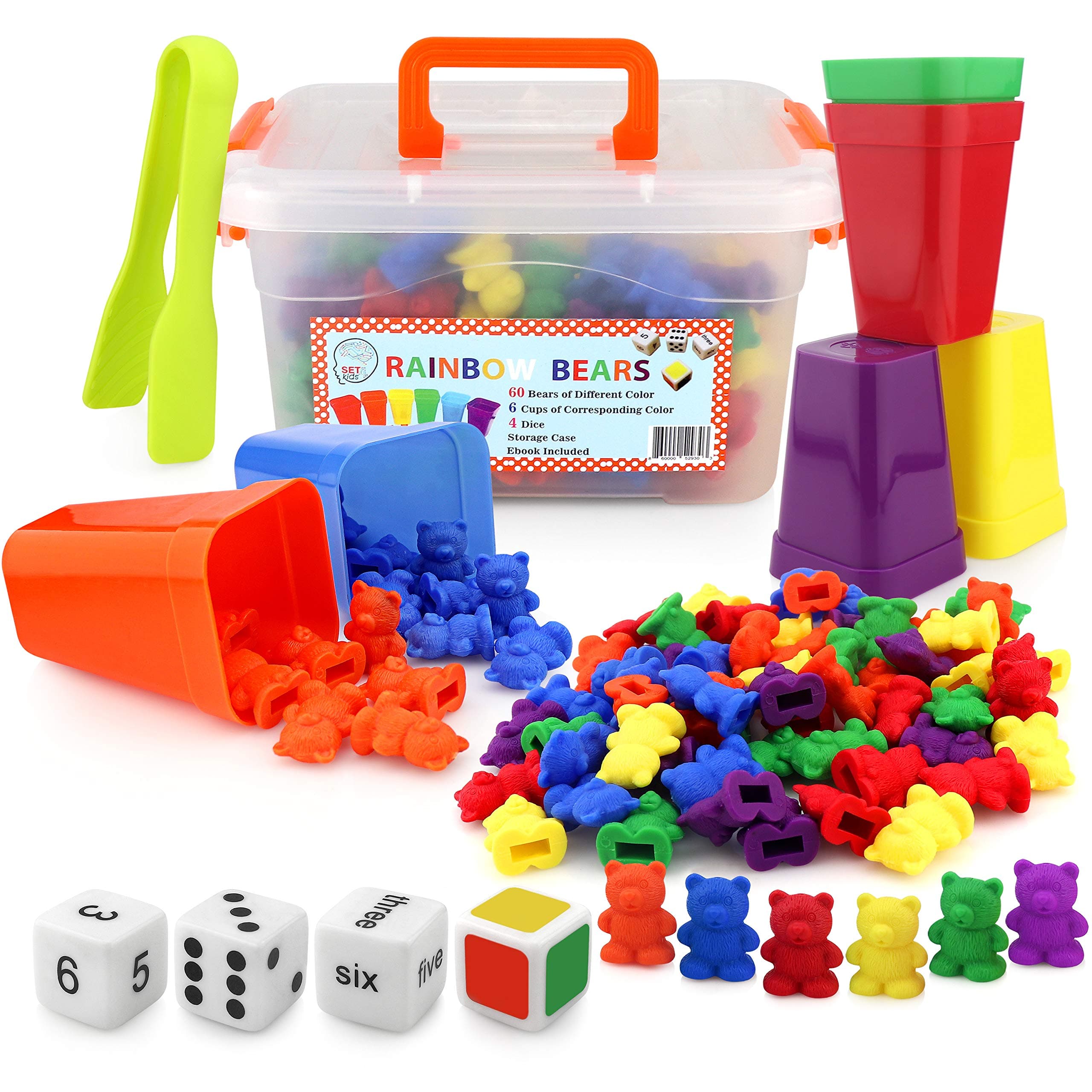 Counting Bears with Matching/Sorting Cups, 4 Dice, Tweezers and an Activity e-Book. for Toddler Games | Early Childhood Education. 71 pc Game Set