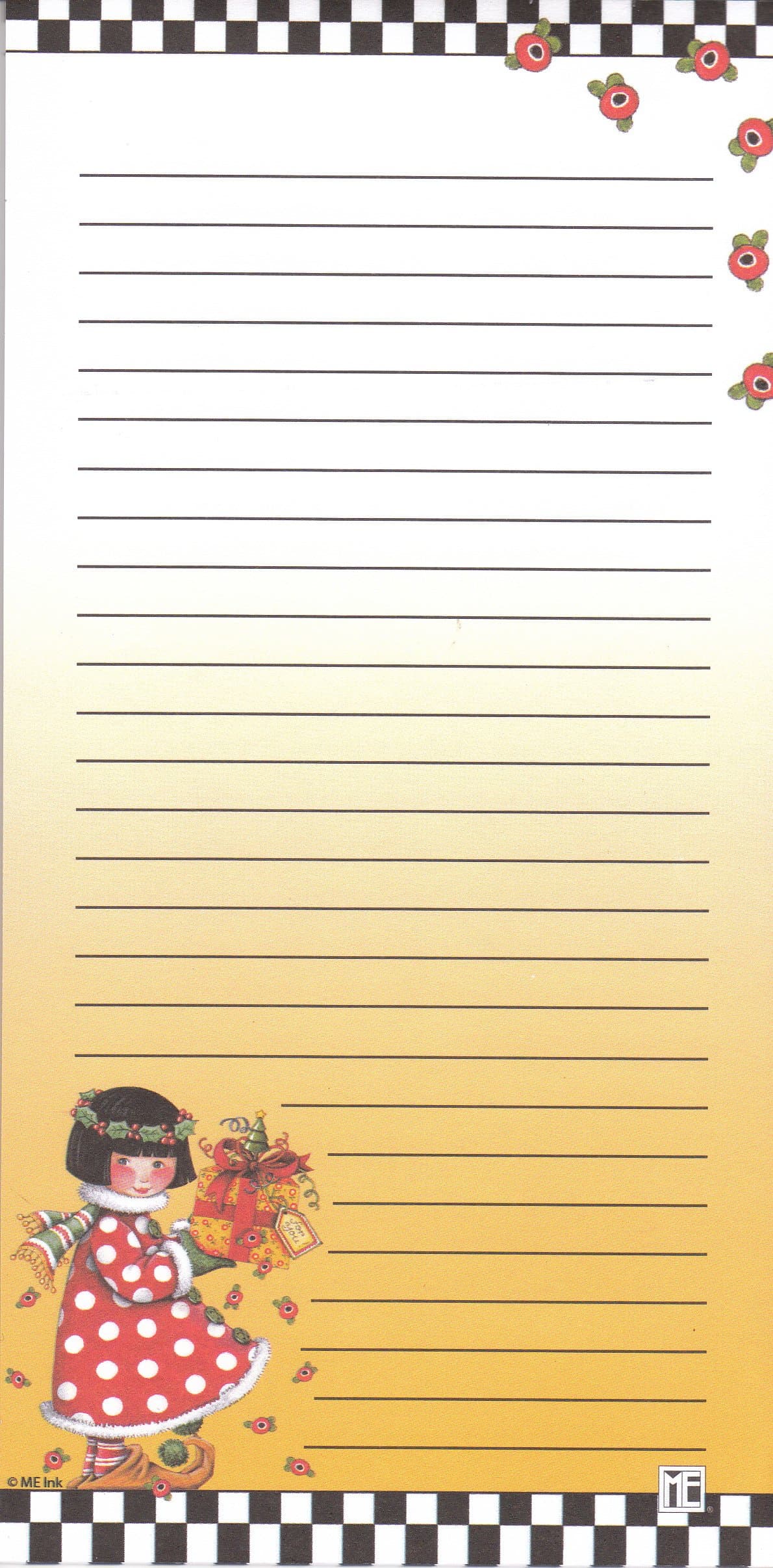 Mary Engelbreit Magnetic Refrigerator Christmas Grocery Lister To Do List Note Pad Little Girl with Presents