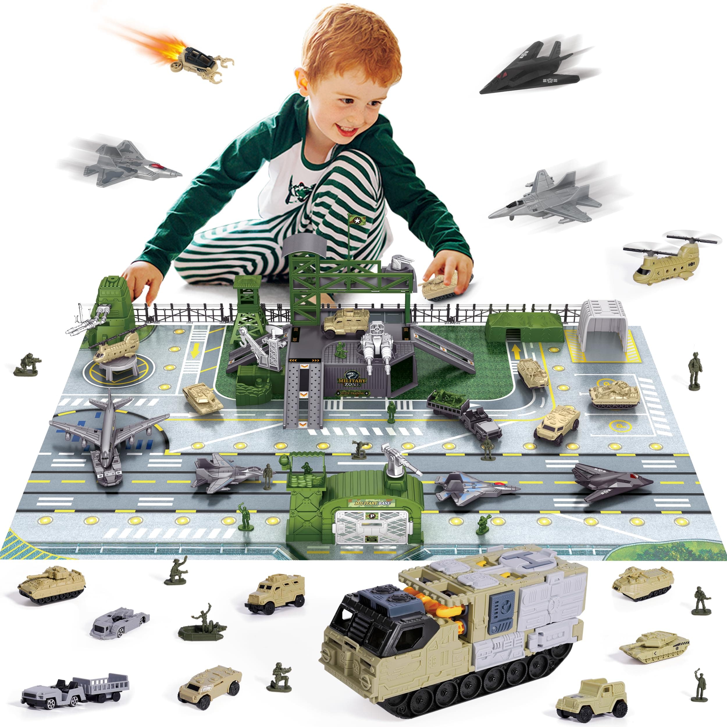 Army Toys, Military Base Toys and Tank Toy Sets with Vehicles, Trucks, Helicopter, Fighter Jet, Play Mat with Army Men Action Figures and Accessories, Birthday Gift for Boys