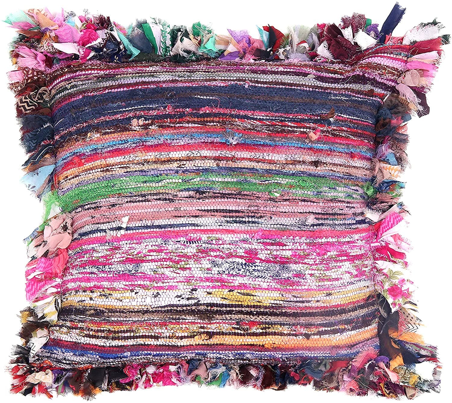 Jaipur Textile Hub Hand Woven Pink Chindi Cushions, Handmade Cotton Fabric Braided Bohemian Decorative Floor Pillows Multi Color Patio Pillow Shams (24x24 Inch)