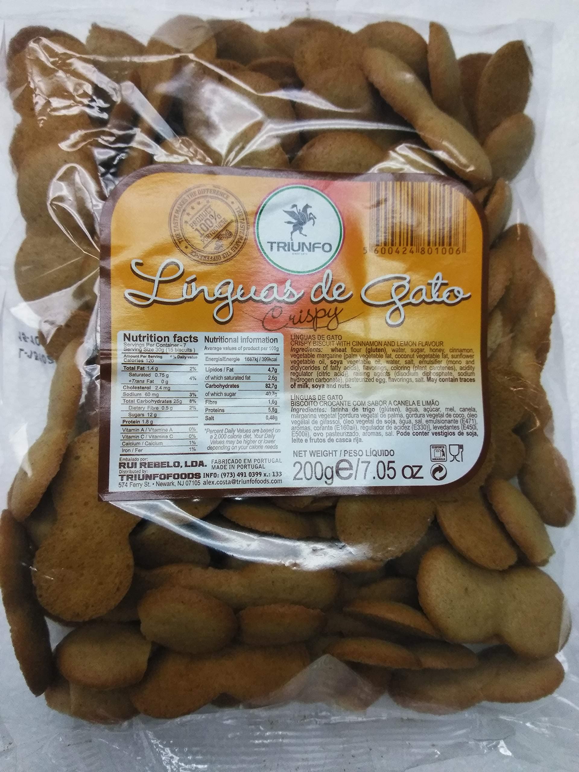 TRIUNFO Linguas de Gato Biscoito Crocante com Sabor a Canela e Limao 200 grs. / Cookies with Cinnamon and Lemon Flavor7.05 oz.