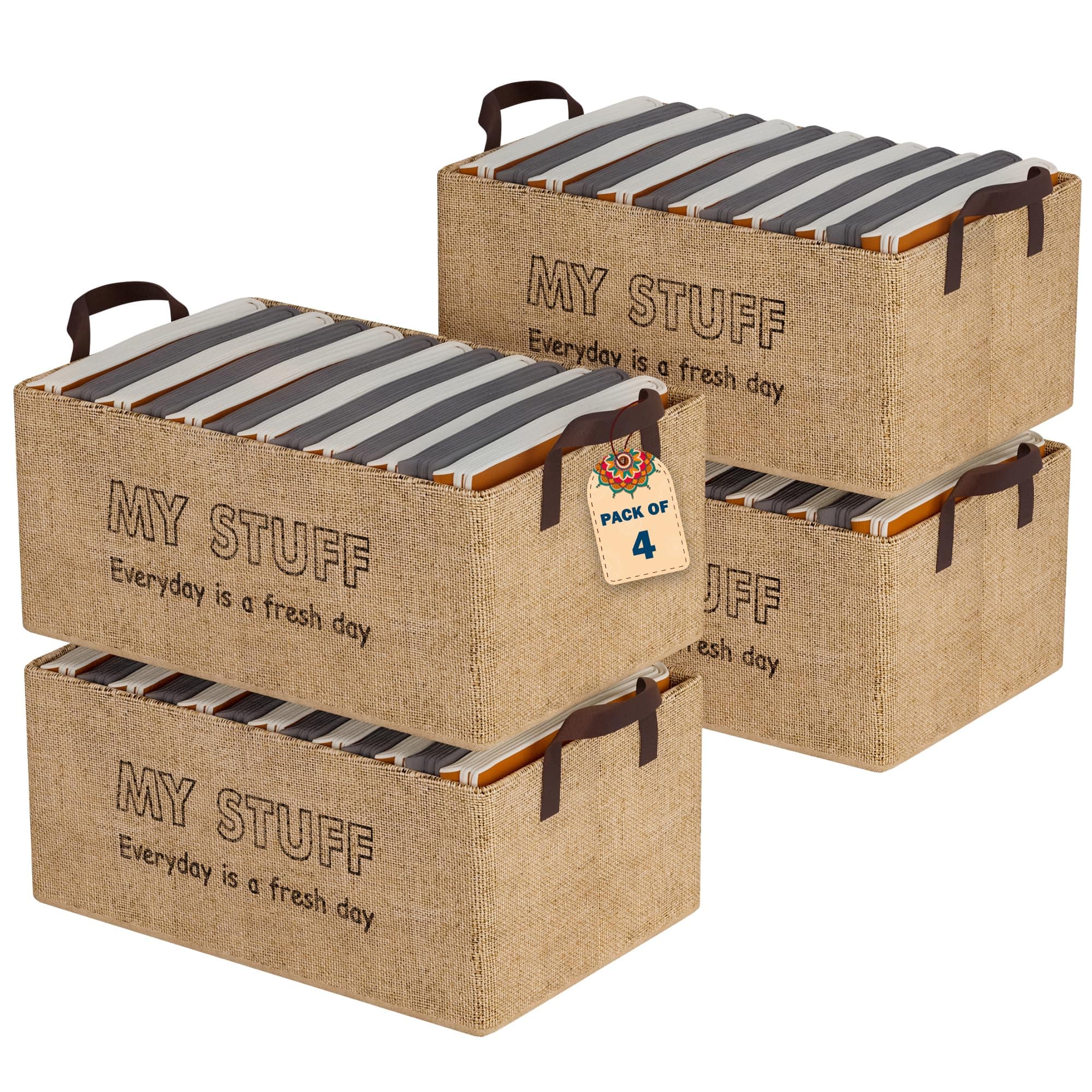 Kuber Industries Pack of 4 Foldable Jute Storage Box for Clothes | Dress & Towel Organiser for Wardrobe | Collapsible Container Basket - Brown