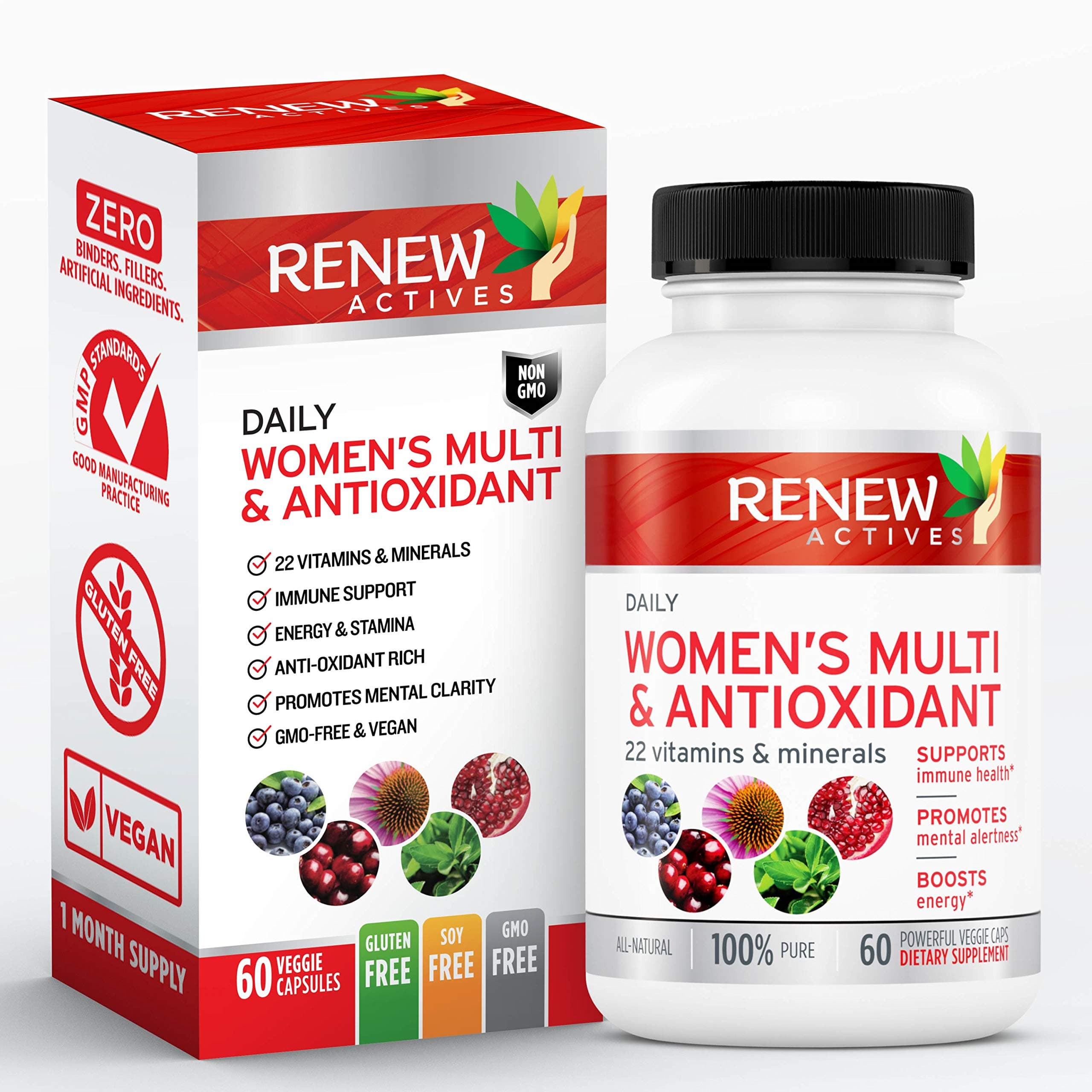 Renew Actives Women's Multi-Vitamin & Antioxidant: Daily Health Supplement - 22 Vitamins & Minerals for Energy & Mental Alertness, 2 Capsules per Serving - 60 Capsules