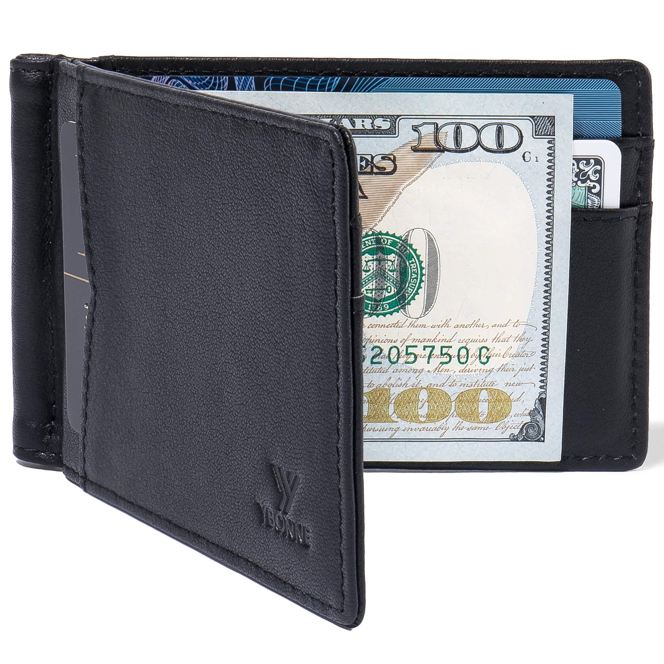 YBONNE Mens Slim Wallet with Money Clip Front Pocket RFID Blocking Thin Bifold Leather Card Holder Minimalist Mini Billfold