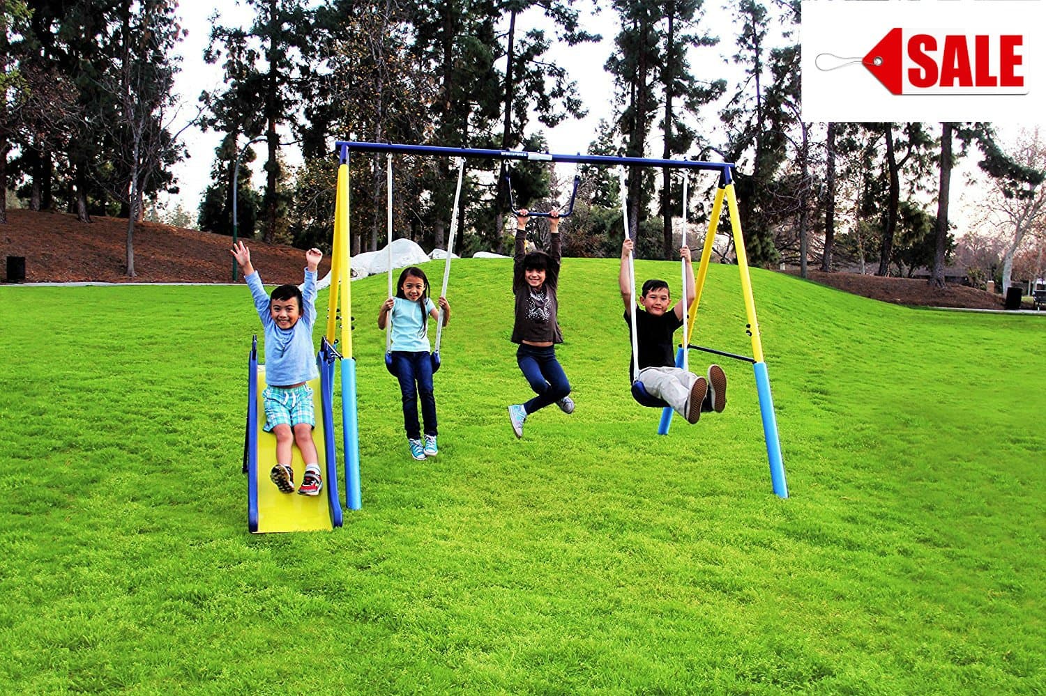 Skroutz Metal Swing Set with Slide for Backyard Fun Outdoor Children Happy Hour with Physical Activity and Exercise