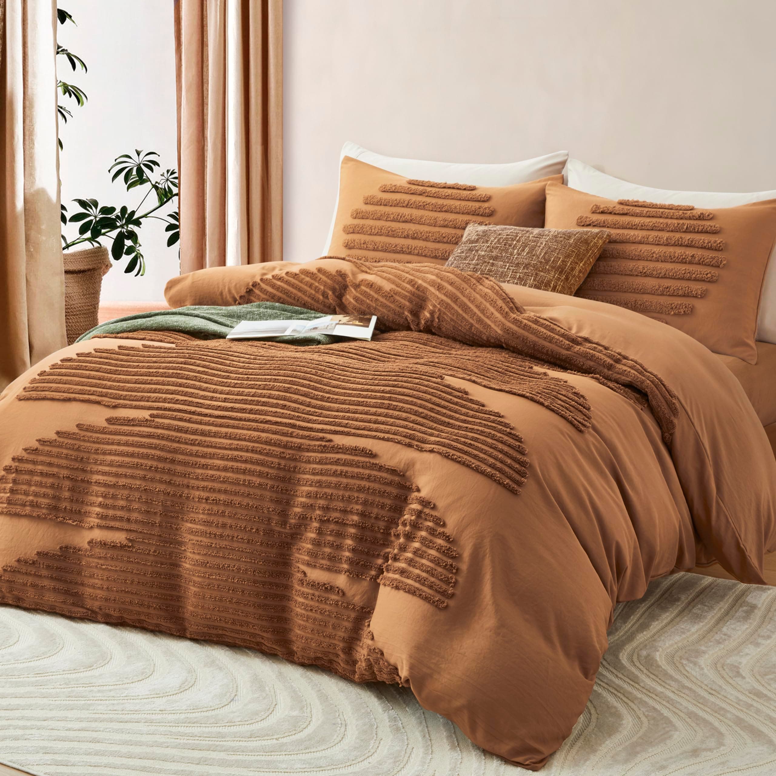 BEDAZZLED Duvet Cover Queen/Full Size, 3 Pieces Boho Bedding Sets for Shabby Chic Home, Tufted and Soft Comforter Cover Set, Pumpkin Brown