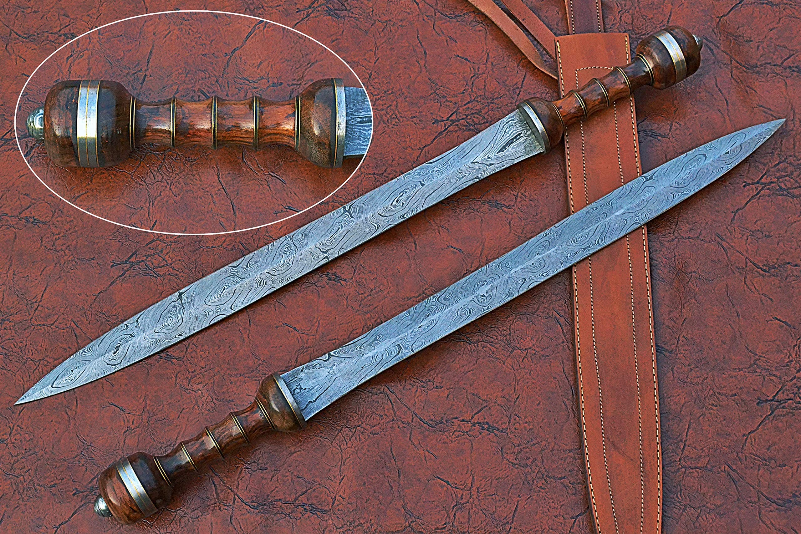 29 inches Long Maximus Gladuis Sword, 21" Long Hand Forged Damascus Steel Double Edge Blade, Hand Crafted Walnut Wood Grip with Brass Spacer, Leather Scabbard with Shoulder Stripe