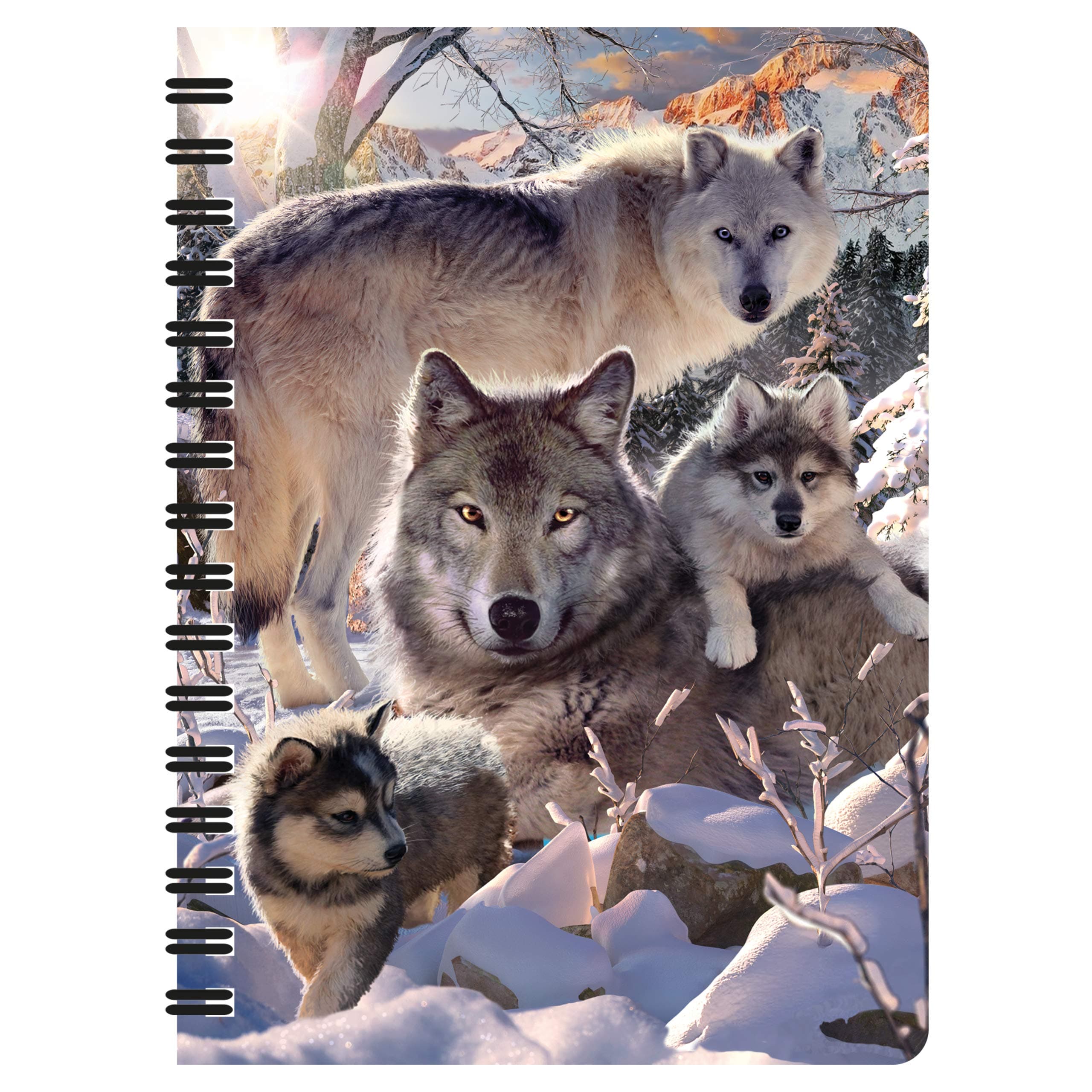 3D LiveLife Jotter - Winter Wolves from Deluxebase. Lenticular 3D Wolf A6 Spiral Notebook with plain recycled paper pages. Artwork licensed from renowned artist David Penfound