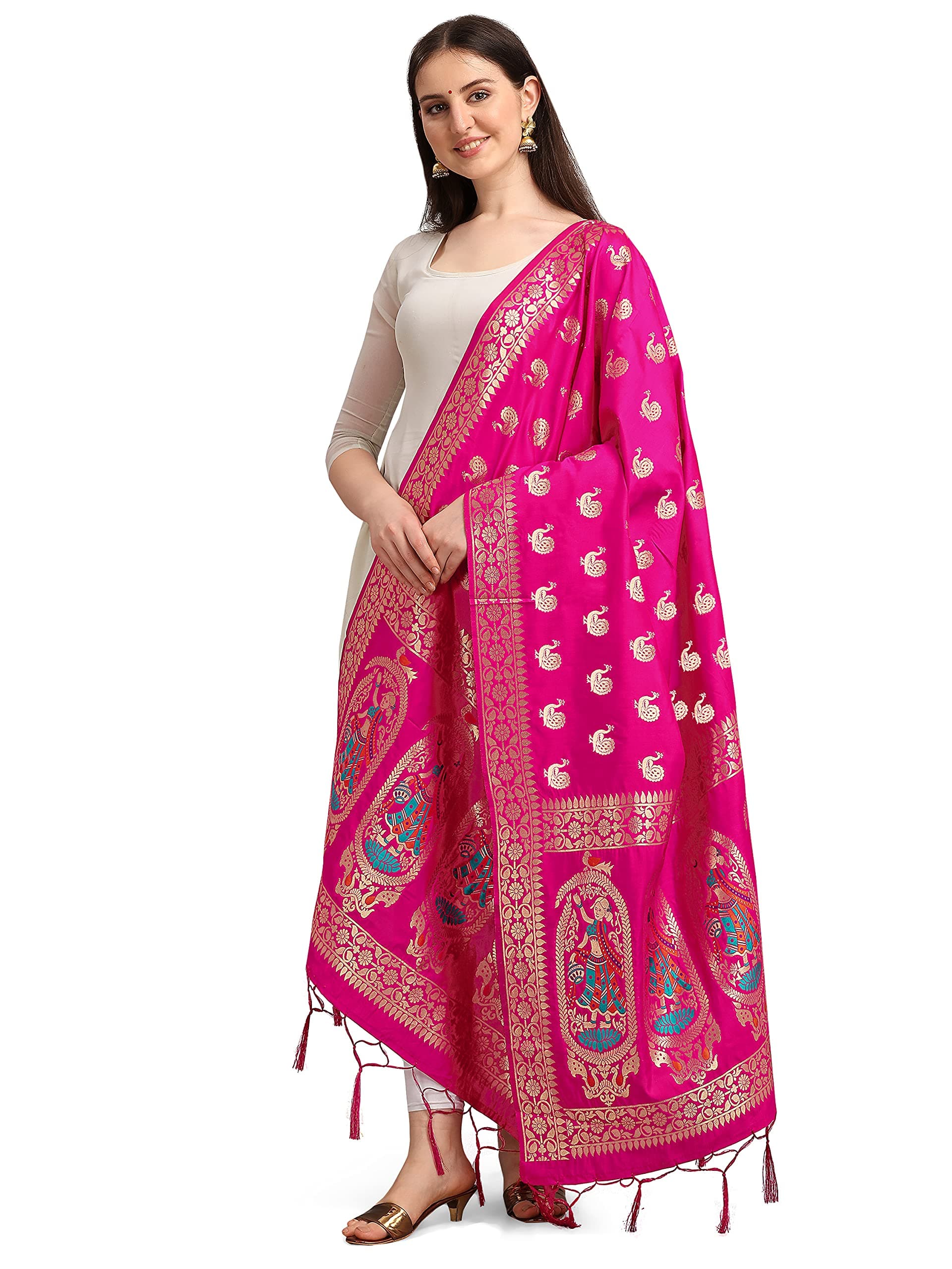 DEVANGI Women's Woven Banarasi Silk Zari Dupatta/Chunni, Width 1 Meter, Length 2.5 Meter