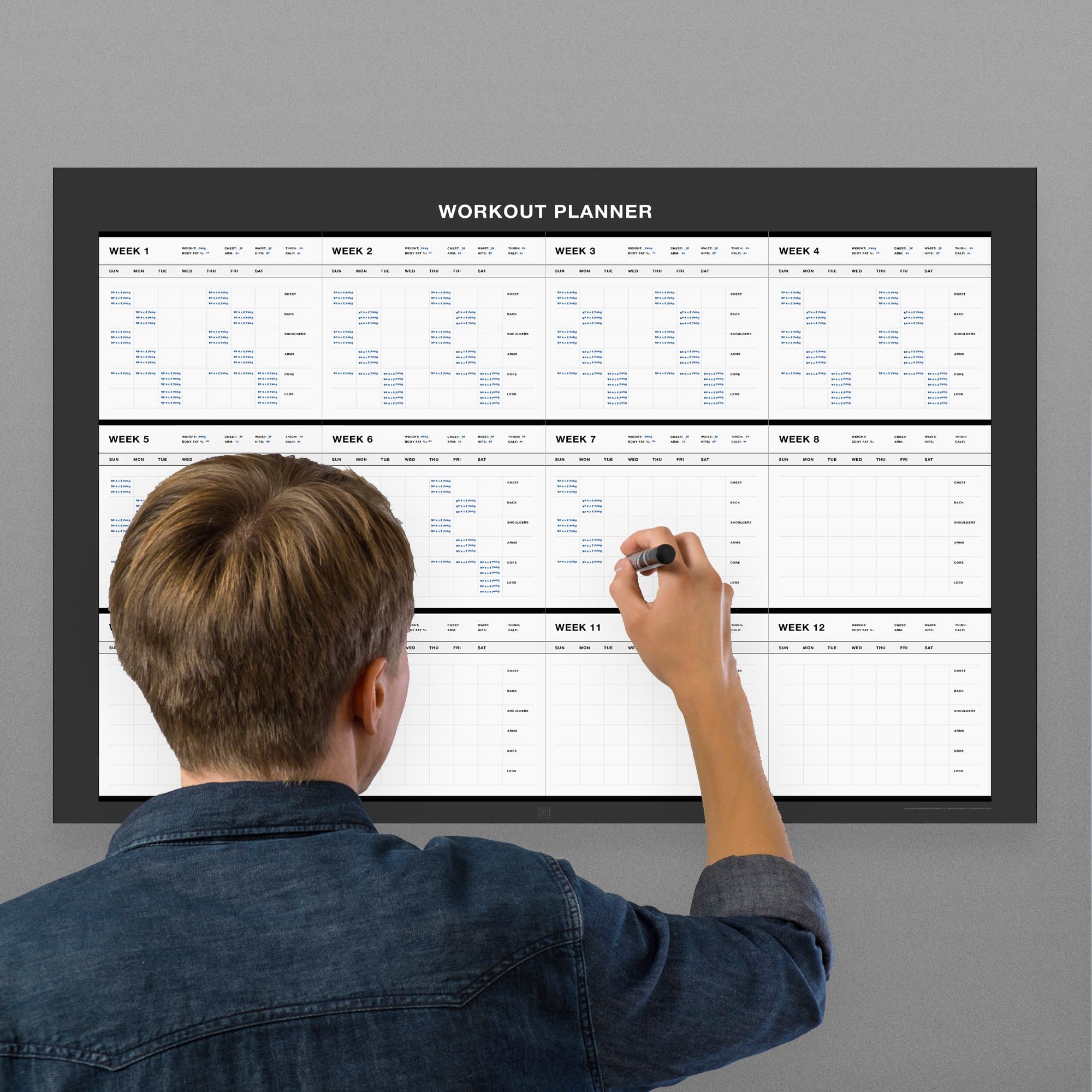 Erasable 12 Week Fitness Workout Planner // 18-Inch-by -27-Inch - Black