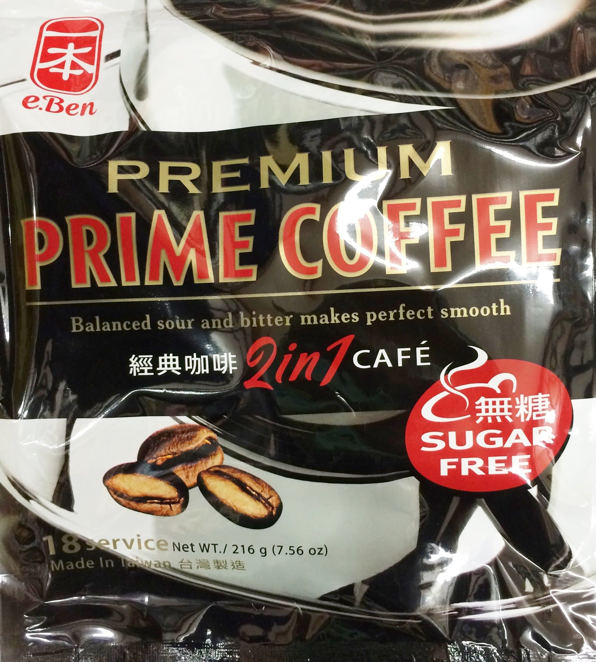 7.56oz e.Ben Premium Prime Coffee 2 in 1 Café Drink Mix Sugar Free (One Bag)