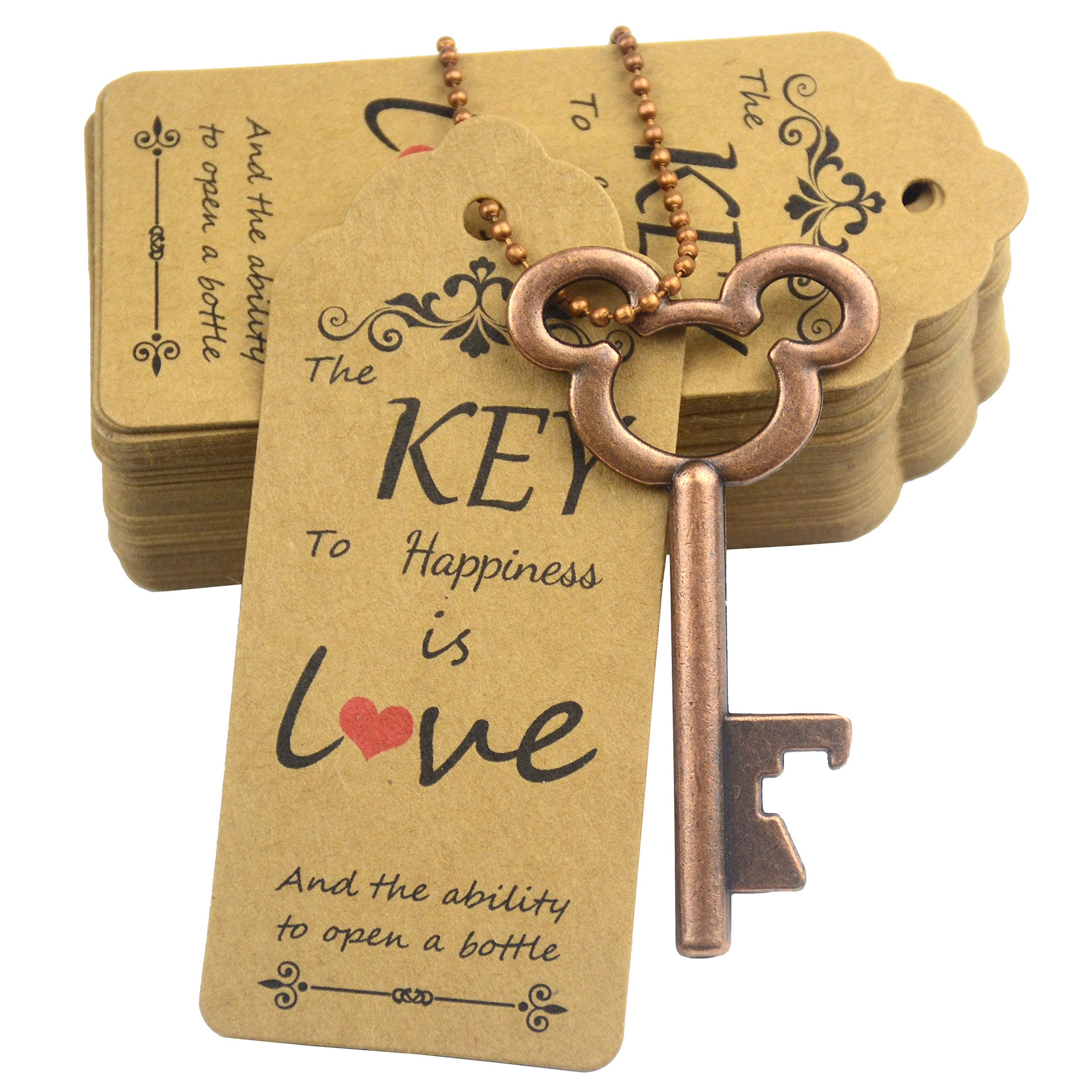 Aokbean 52pcs Cute Vintage Skeleton Key Bottle Opener Party Favor Wedding Favor Guest Souvenir Gift Set with Escort Thank You Tag Card and Keychain (Antique Copper)