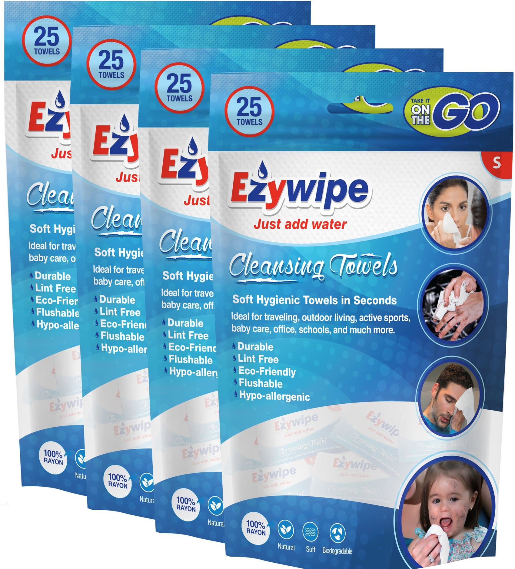 Ezywipe Compressed Cleansing Towel (s) Candy Pack (4 Packs Of 25 = 100 Towels) 100% Rayon, Certified Biodegradable, Hypoallergenic, Antimicrobial, Antibacterial, Lint free, Reusable for Travel or Home