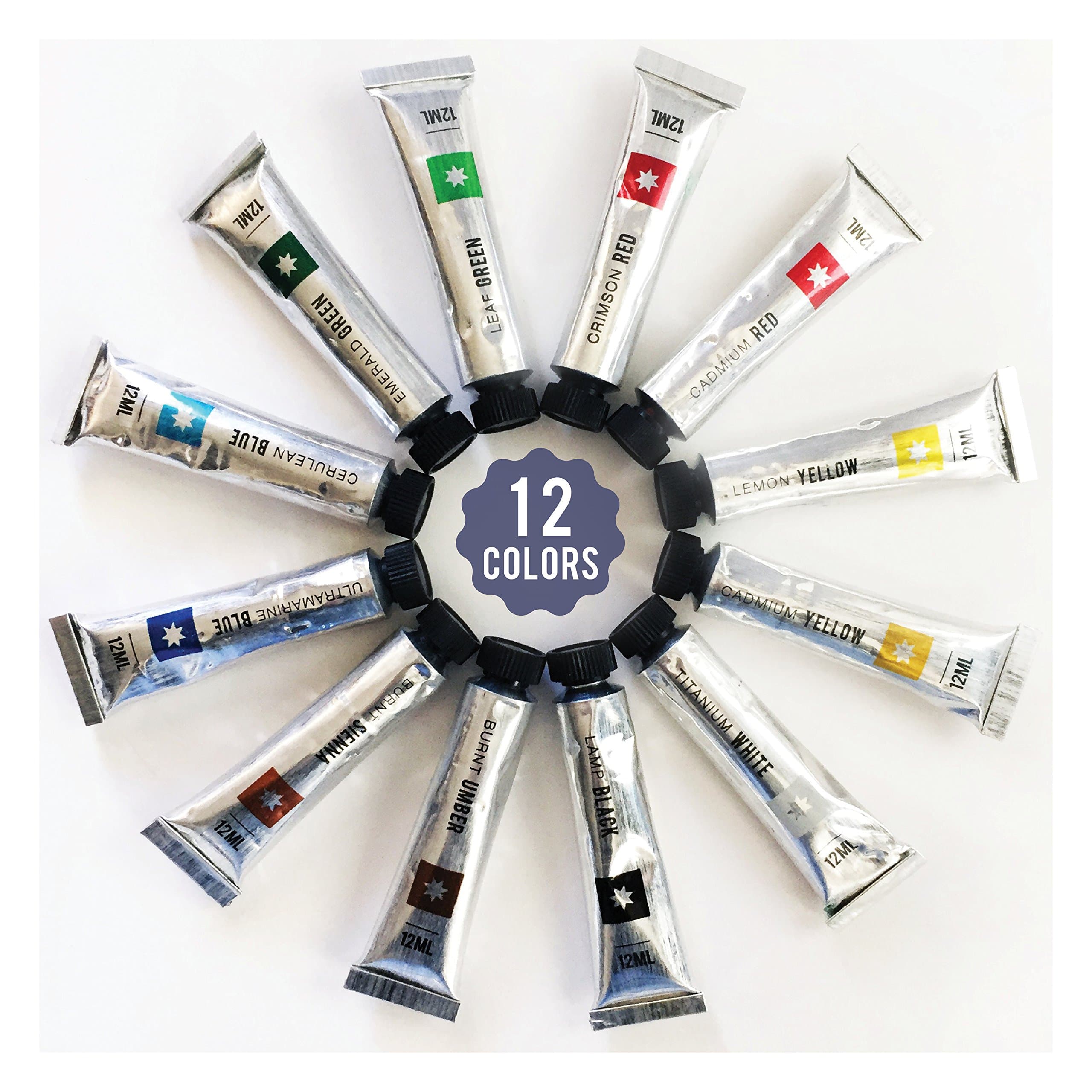 Acrylic Paint Set of 12 Standard Colors by Stellato. Quality Non Toxic Paints for use on Any Number of Surfaces. Great for Kids & Beginning Artists [15% Off for Three Sets or More]