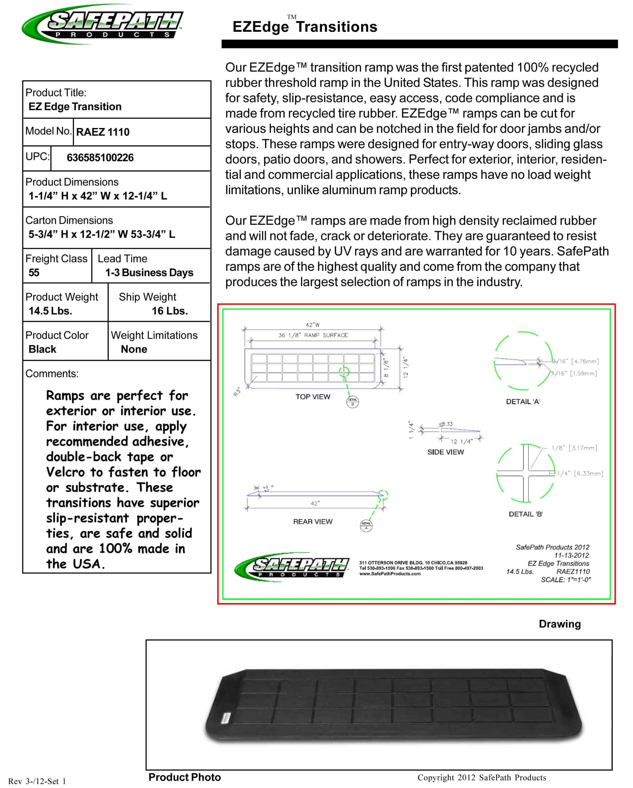 SafePath Products RAEZ1110 EZEdge 1 1/4" Thick x 42" Wide x 12.25" Transition/Threshold Ramp