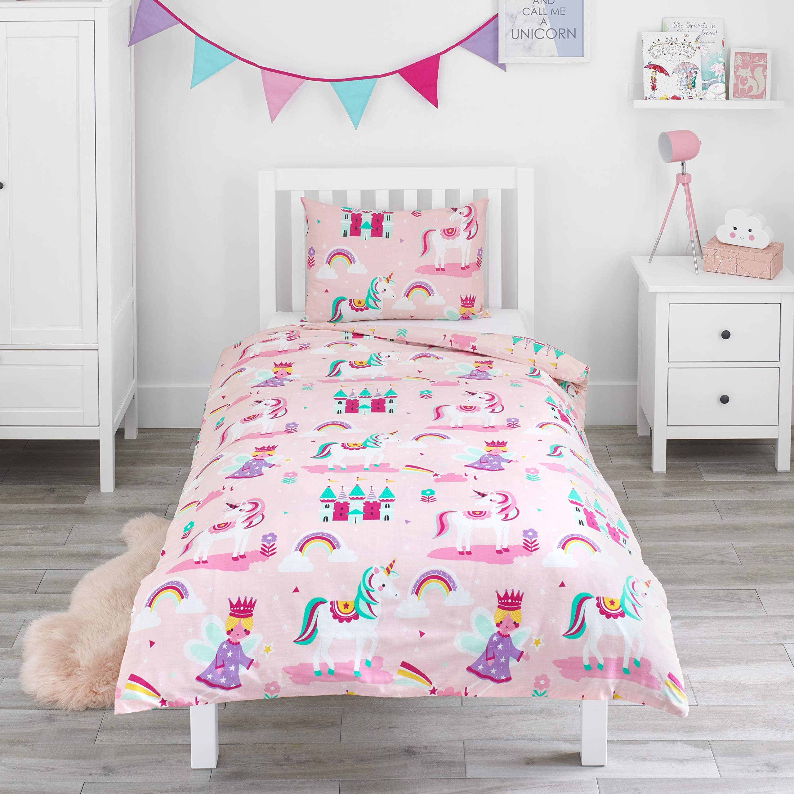 - Magic Unicorn, Fairy Princess & Enchanted Castle - Kids Bedding Set - Pink - Single Duvet Cover and Pillowcase