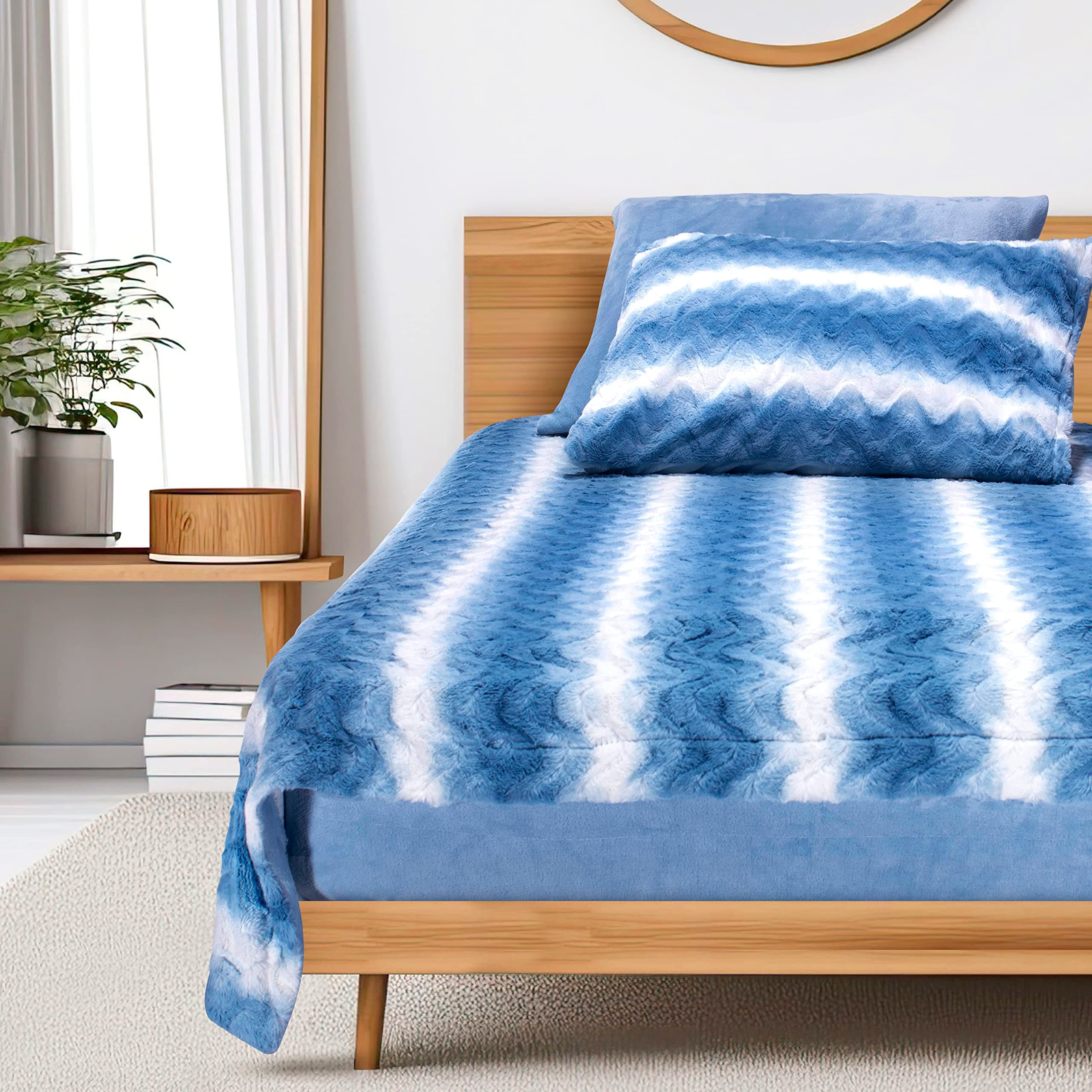 Bella and Saul Extra Soft Plush Twin 4 Peice Bedding Set, Micro Fleece Sheet, Blanket, with 2 Pillowcases Set. (Blue Zebra, Twin)