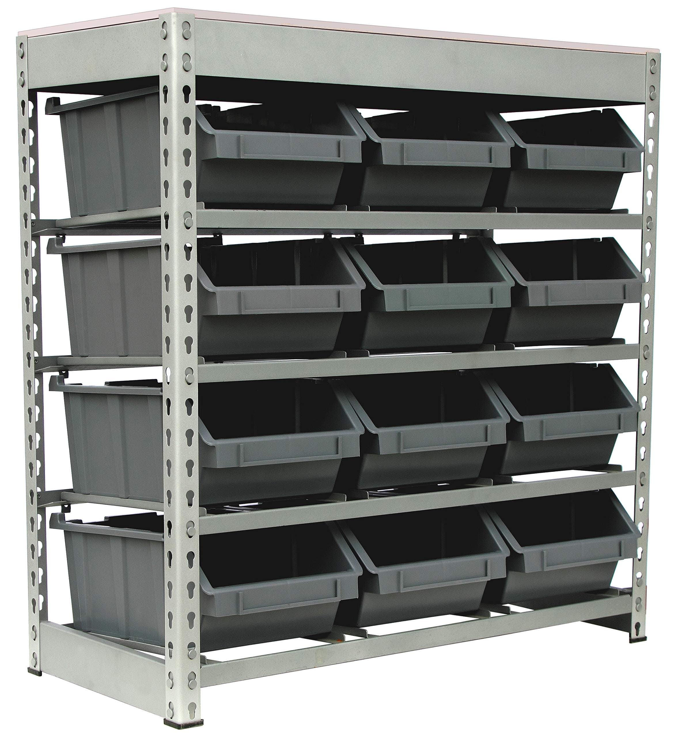 Bin Rack Boltless Steel Storage System Organizer w/ 12 Plastic Bins in 4 tiers