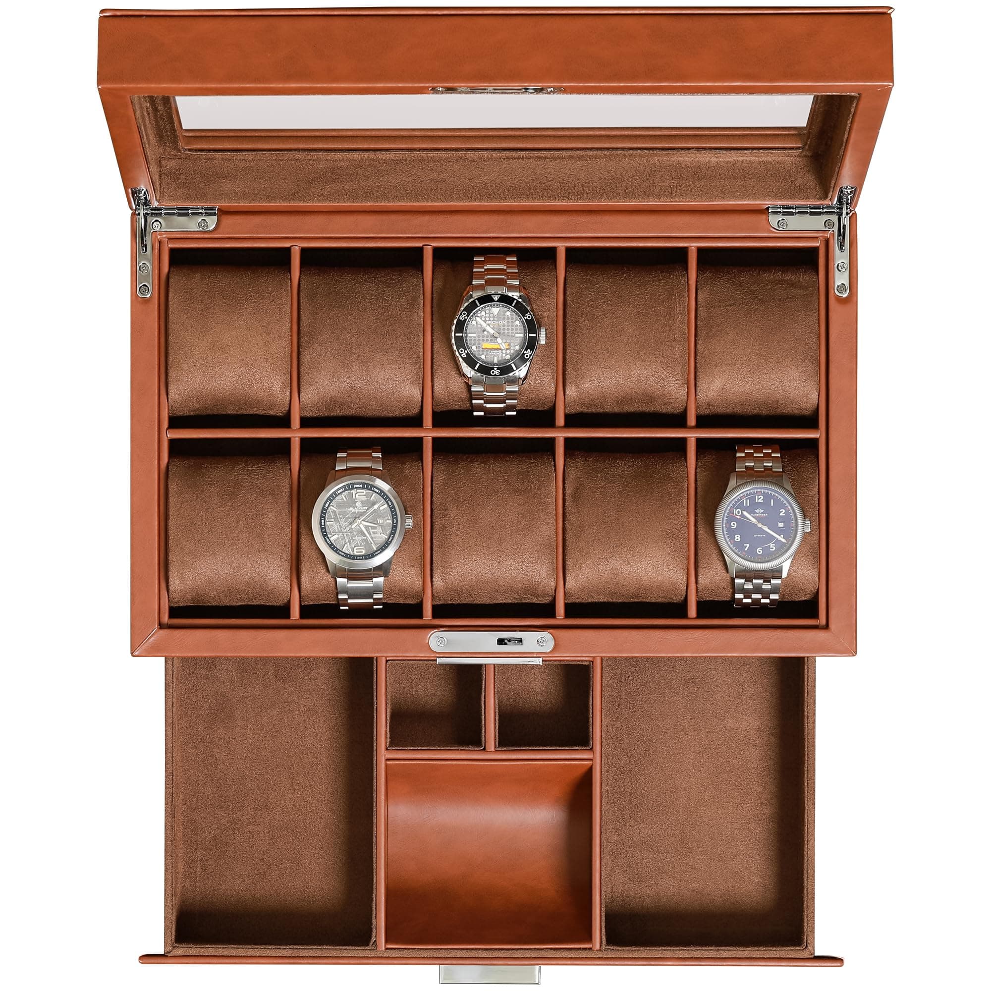 – ROTHWELL 10 Slot Watch Box with Valet Drawer - Luxury Watch Case Display Organizer, Ultra Soft Microsuede Liner, Locking Jewelry Watches Holder With Large Glass Top (Tan/Brown)