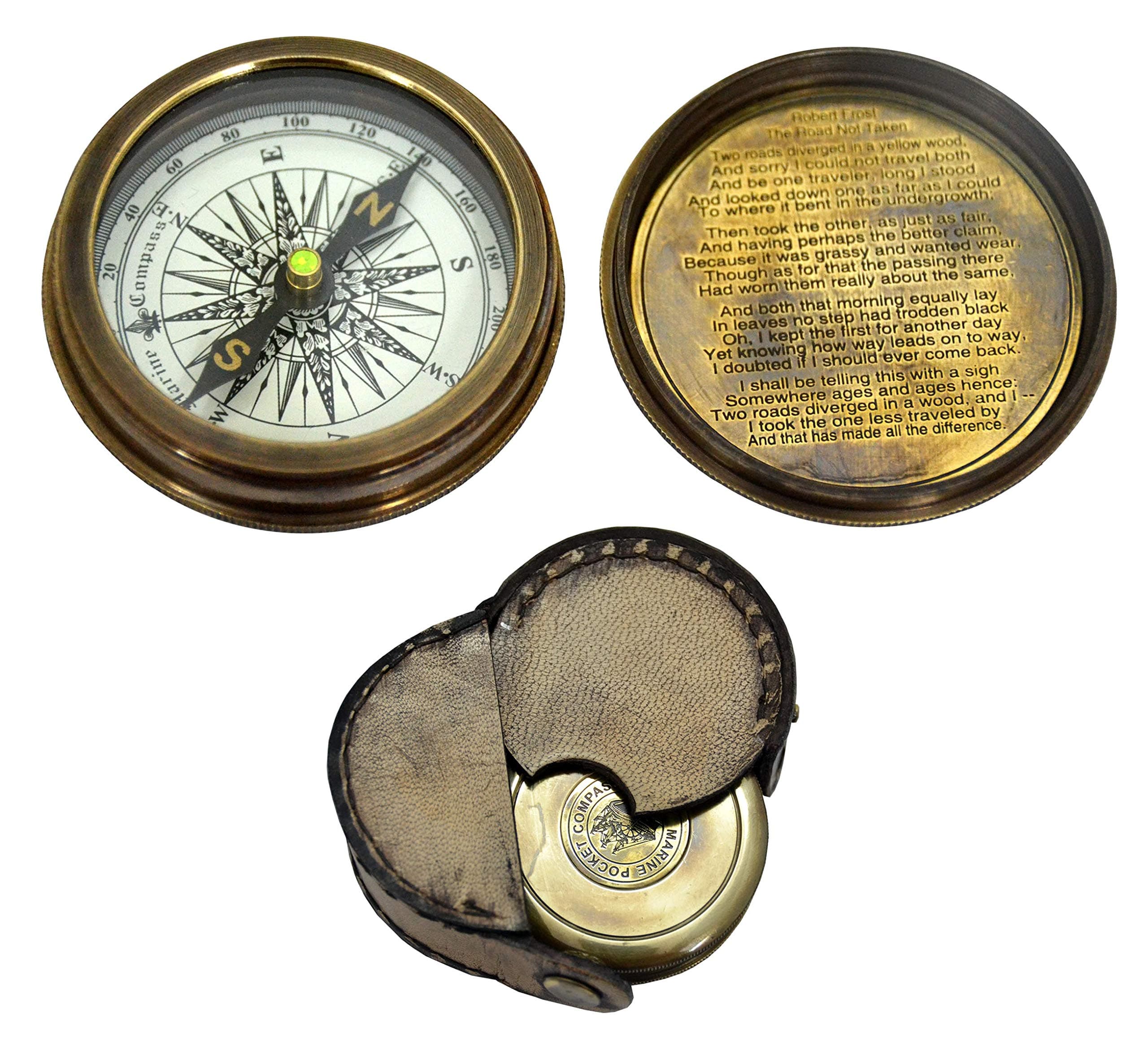 Brass Pocket Compass Vintgae Replica Mariner's Magnetic Compass - Robert Frost 2 inch Poem Compass