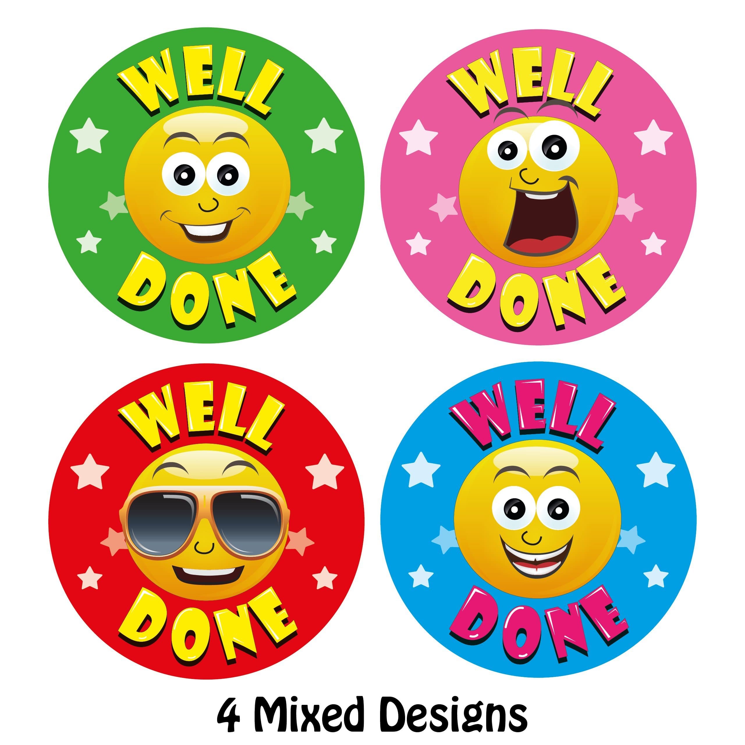 144 x Well Done Stickers, Smile face Labels for Schools, Teachers, Kids, Clubs, Parents