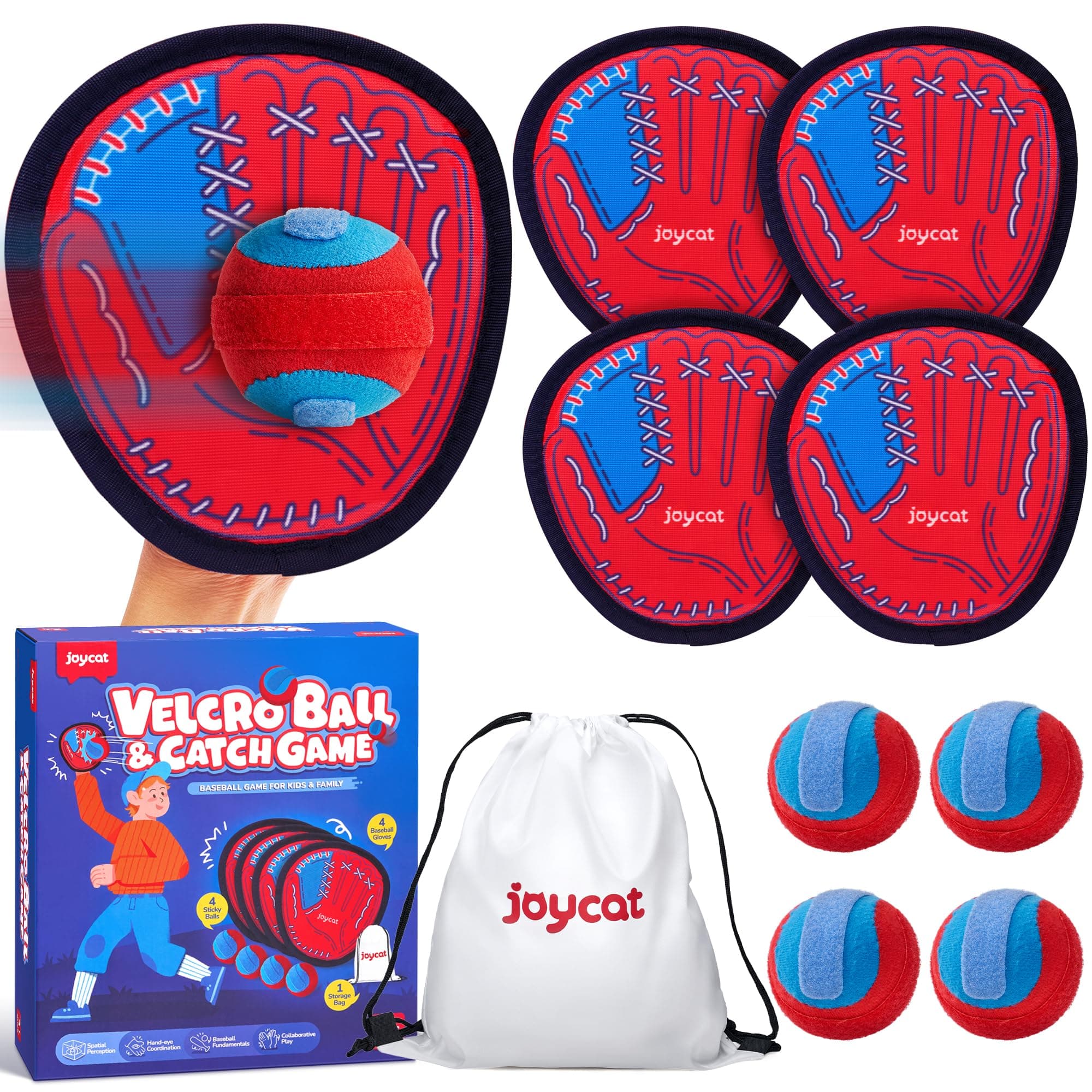 JoyCat Toss and Catch Ball Game for Kids, 4 Paddle Sticky Ball Set, Toddler Baseball Catch Toy, Outdoor Game for Beach, Yard&Camping, Family Sports Easter Basket Stuffer Gift for Boys Girls Ages 3-12