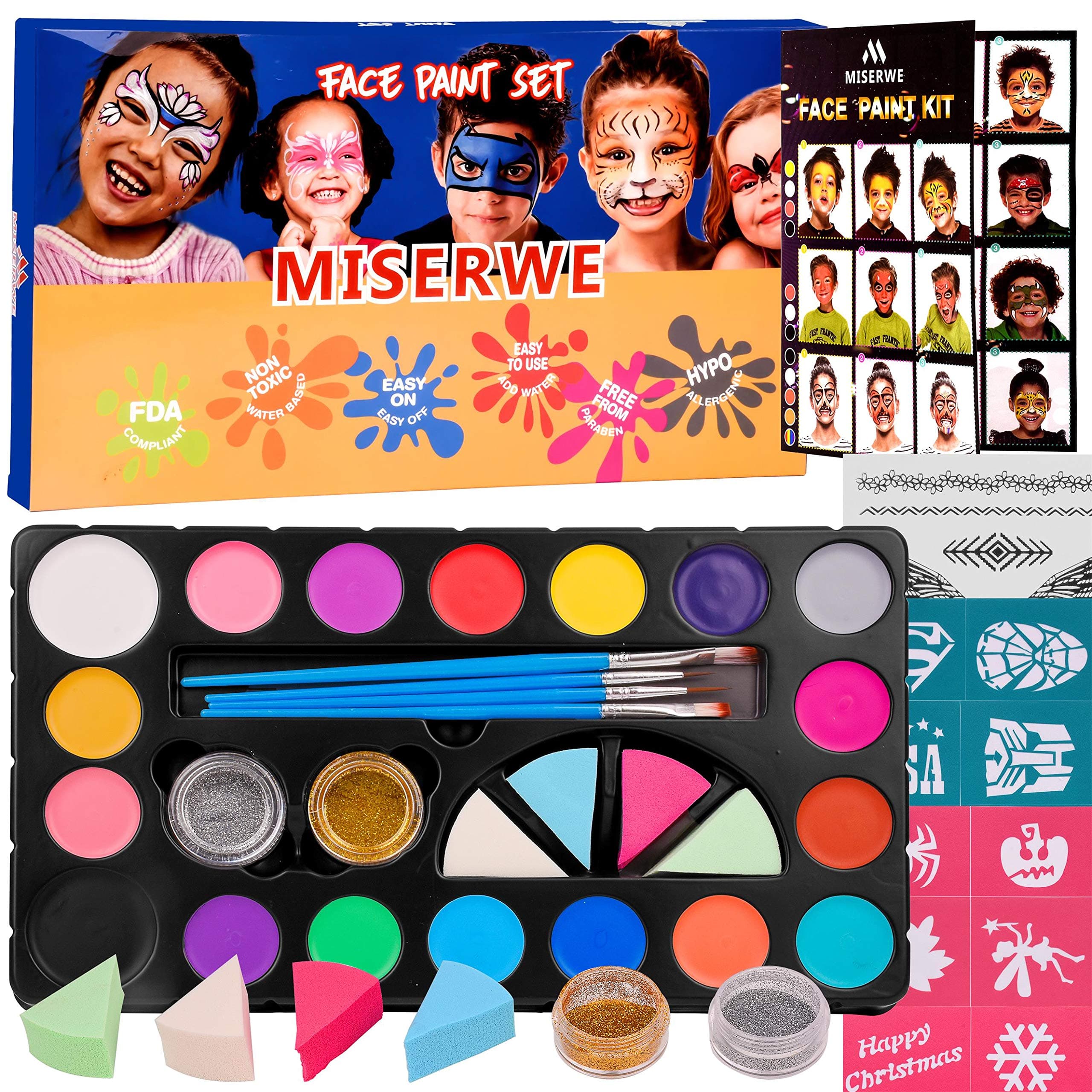 Miserwe Face Paint Kit-18 Colors,40 Stencils,1 Silver Sticker,2 Glitter Powder,4 Brushes, 4 Sponge Kit Professional Safe Non-Toxic Washable Body & Face Paint for Kids Adult